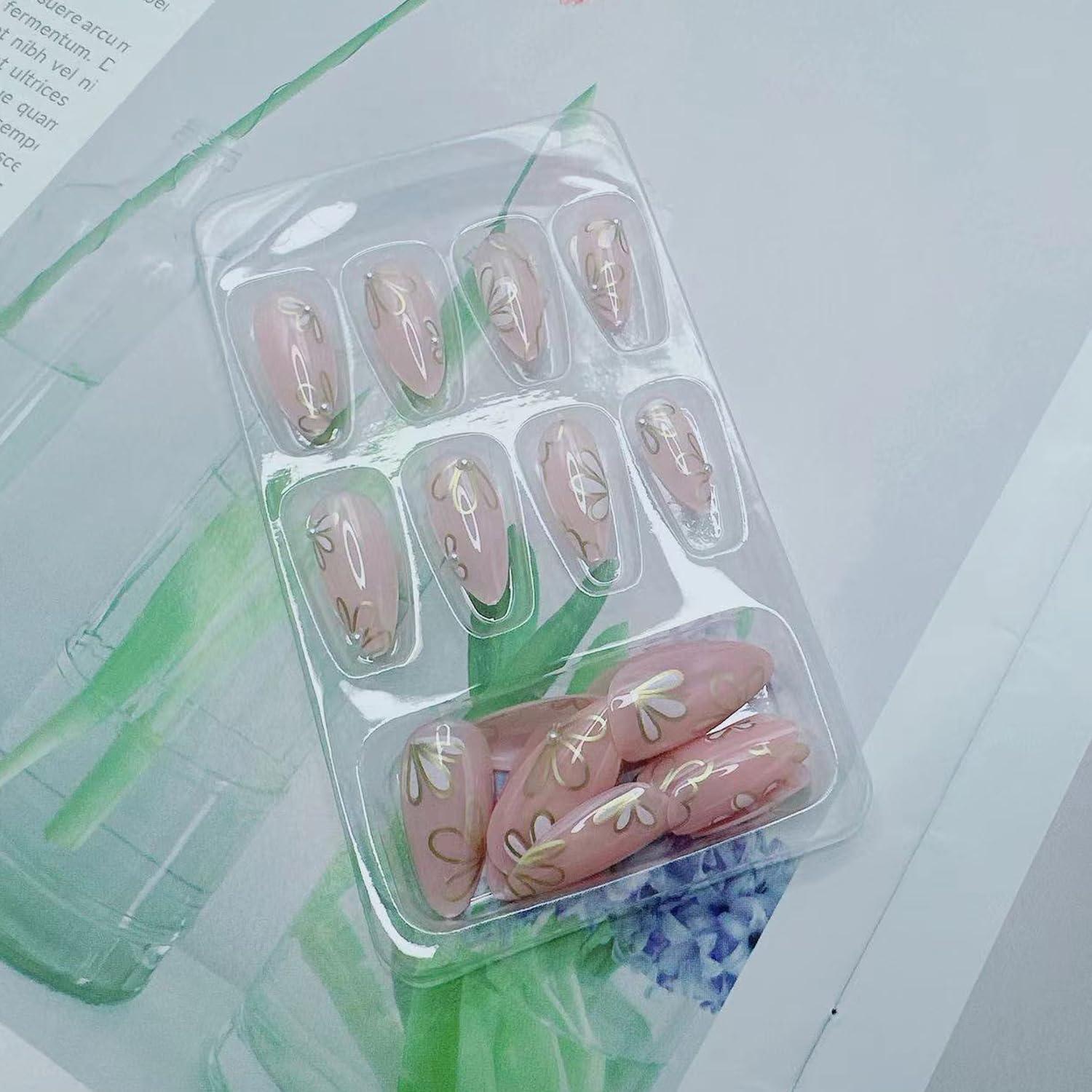 Uñas Postizas de Almendra BSBTBZ 24Pcs con Diseño Floral