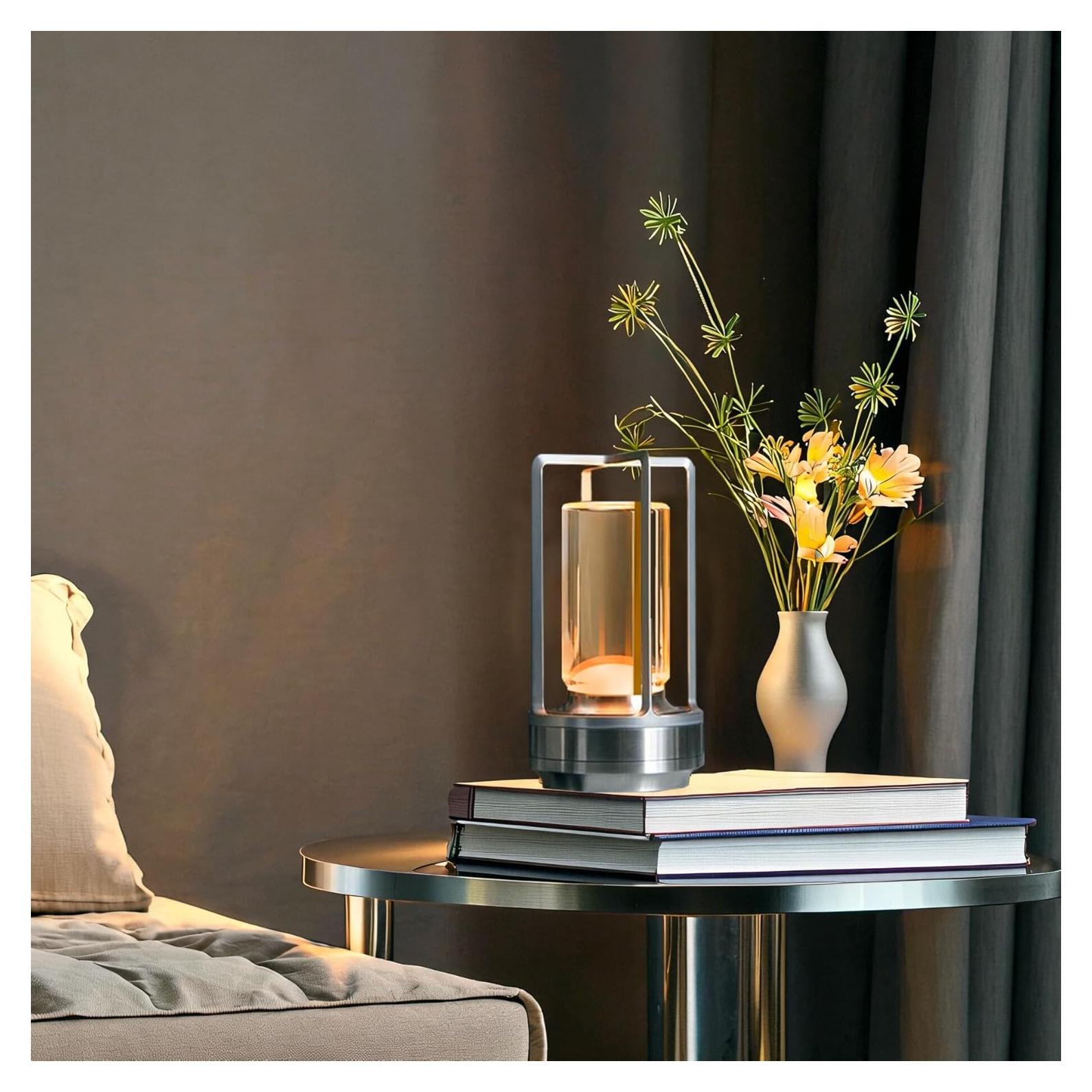 Lámpara de Mesa Inalámbrica LED Touch Metal Cristal Plata