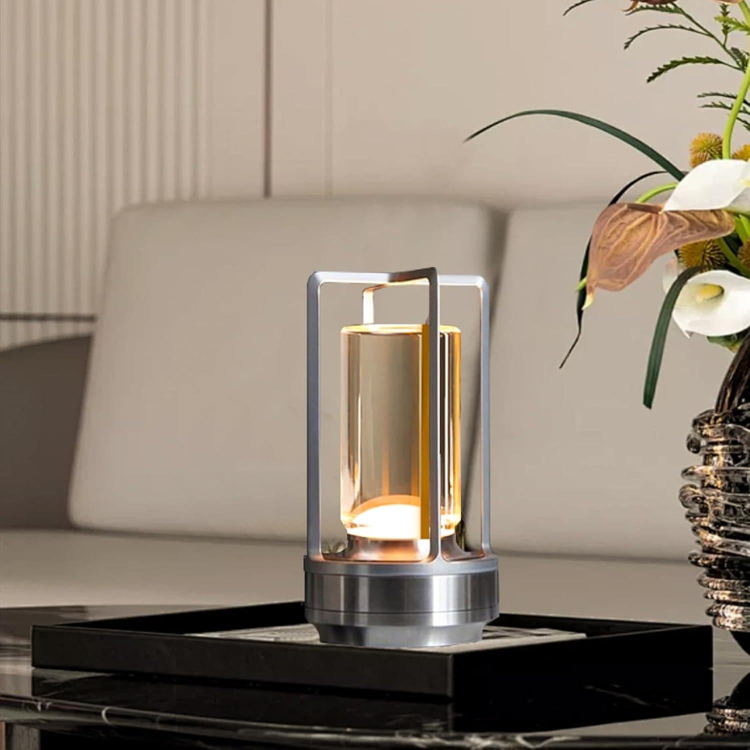 Lámpara de Mesa Inalámbrica LED Touch Metal Cristal Plata