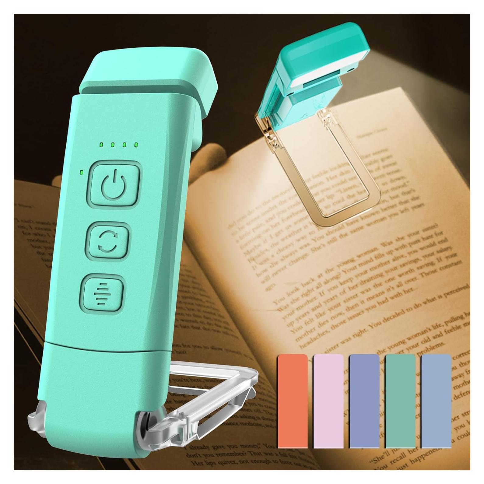USB Rechargeable Book Light for Reading in Bed, Portable Clip-on LED Reading Light, 30/60-min Timer, 3 Amber Colors, 5 Brightness Dimmable, 5 Magnetic Bookmarks, Kids, Nighttime Readers(Blue)