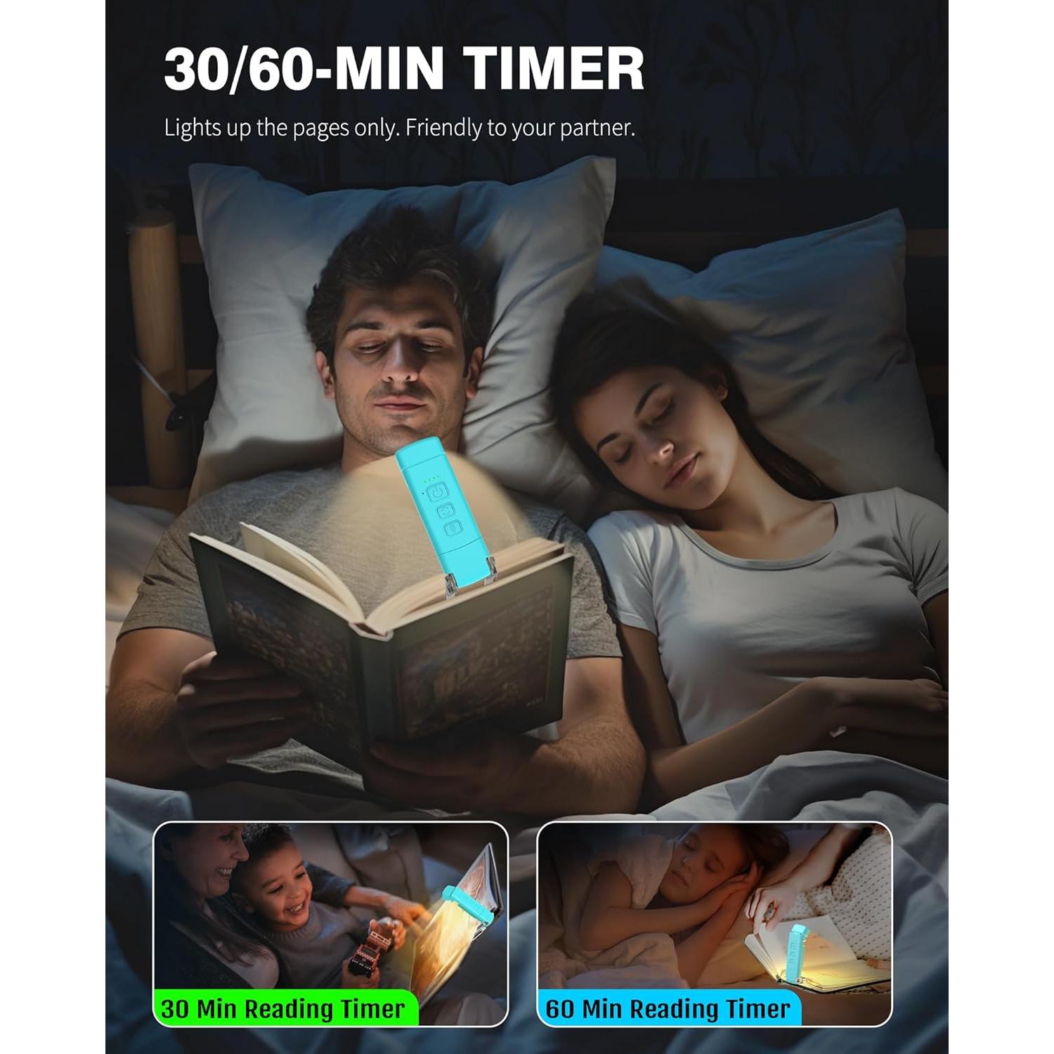 USB Rechargeable Book Light for Reading in Bed, Portable Clip-on LED Reading Light, 30/60-min Timer, 3 Amber Colors, 5 Brightness Dimmable, 5 Magnetic Bookmarks, Kids, Nighttime Readers(Blue)