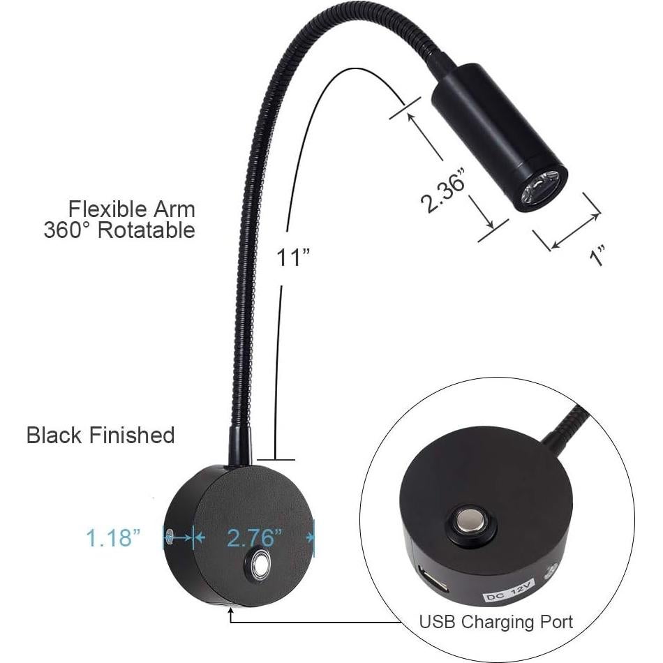 Luz de Lectura LED Regulable WisHomee con USB 12V - 2 Paquete