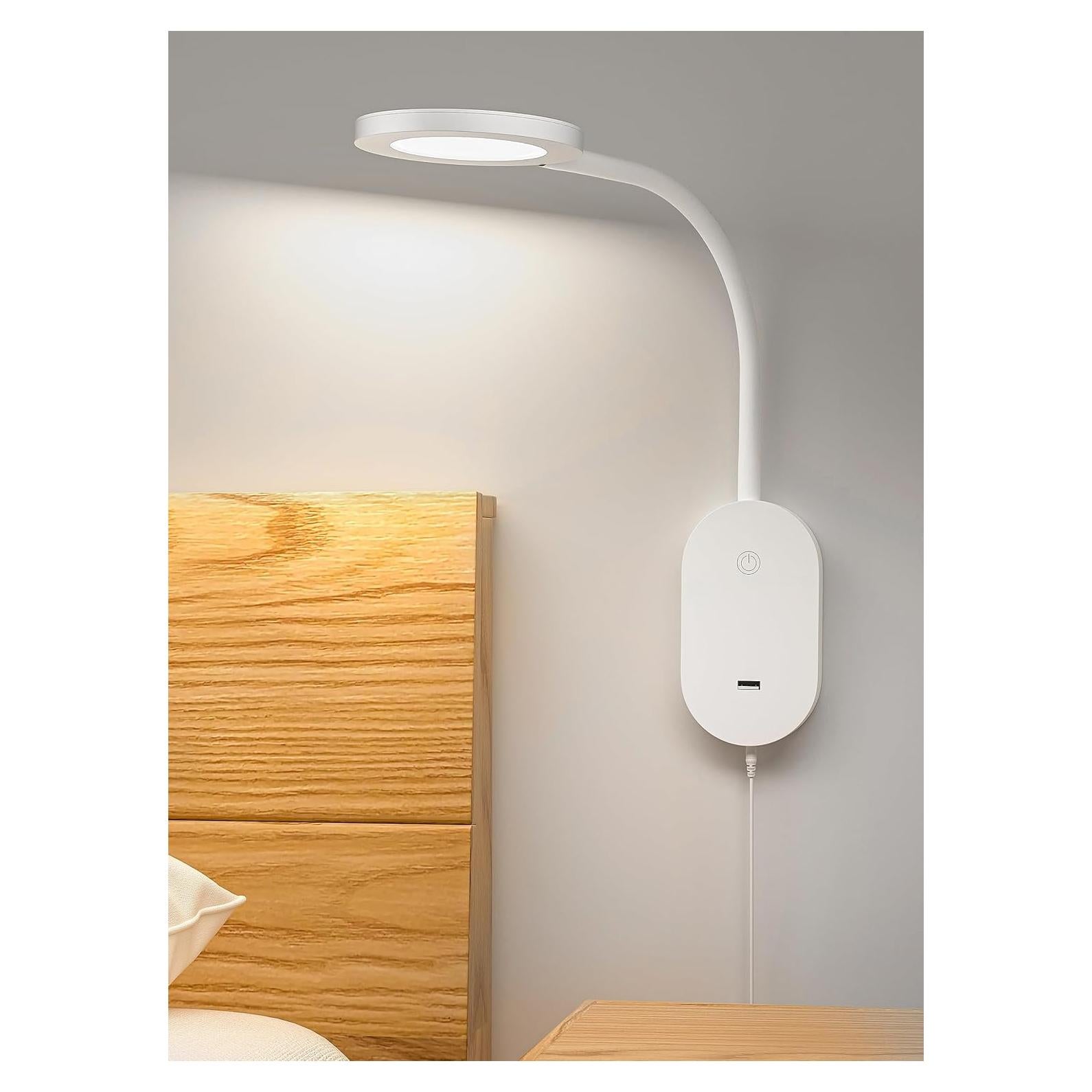 deeloop Wall Mounted Reading Light,Book Lights with USB Output, Reading Lamps for Bed Headboard in 4 Hours Auto-Off, Touch Control Wall Lamp with 5 Dimmable Flexible Gooseneck Bedside Lamps White