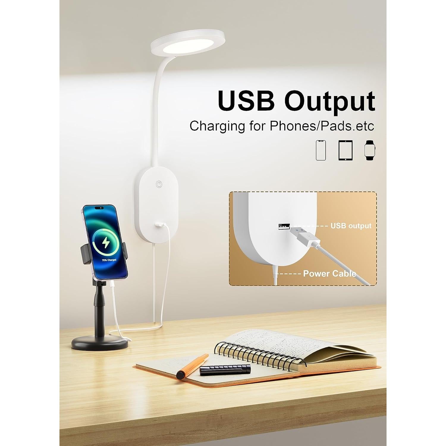 deeloop Wall Mounted Reading Light,Book Lights with USB Output, Reading Lamps for Bed Headboard in 4 Hours Auto-Off, Touch Control Wall Lamp with 5 Dimmable Flexible Gooseneck Bedside Lamps White