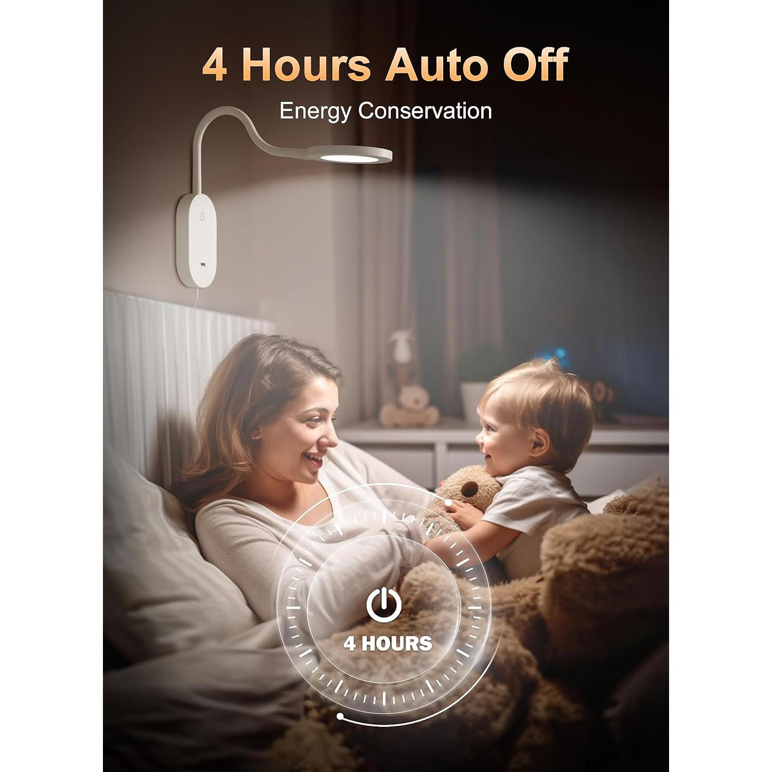 deeloop Wall Mounted Reading Light,Book Lights with USB Output, Reading Lamps for Bed Headboard in 4 Hours Auto-Off, Touch Control Wall Lamp with 5 Dimmable Flexible Gooseneck Bedside Lamps White