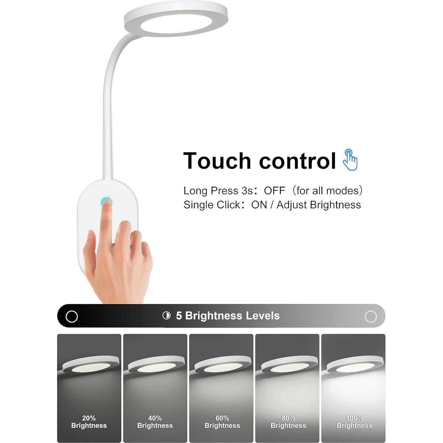 deeloop Wall Mounted Reading Light,Book Lights with USB Output, Reading Lamps for Bed Headboard in 4 Hours Auto-Off, Touch Control Wall Lamp with 5 Dimmable Flexible Gooseneck Bedside Lamps White