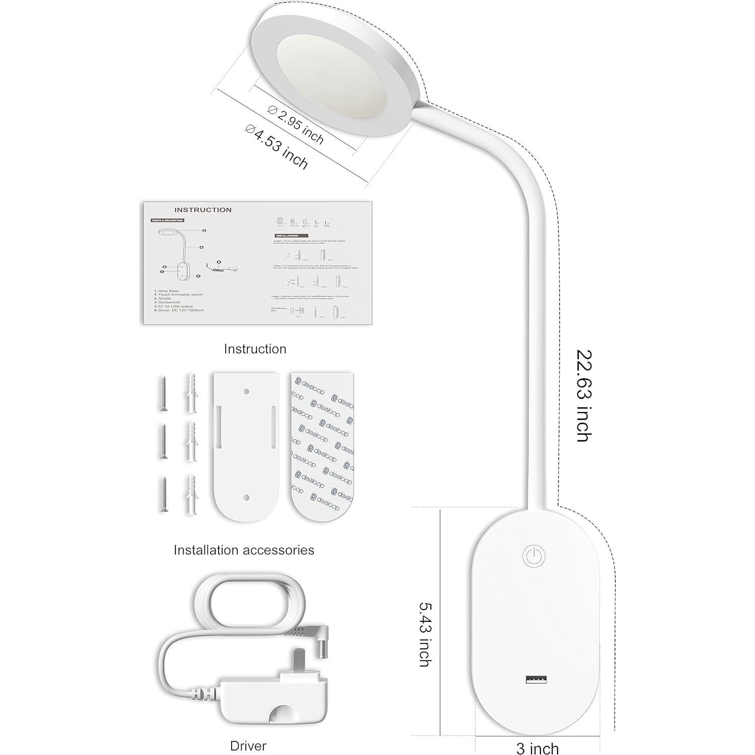 deeloop Wall Mounted Reading Light,Book Lights with USB Output, Reading Lamps for Bed Headboard in 4 Hours Auto-Off, Touch Control Wall Lamp with 5 Dimmable Flexible Gooseneck Bedside Lamps White