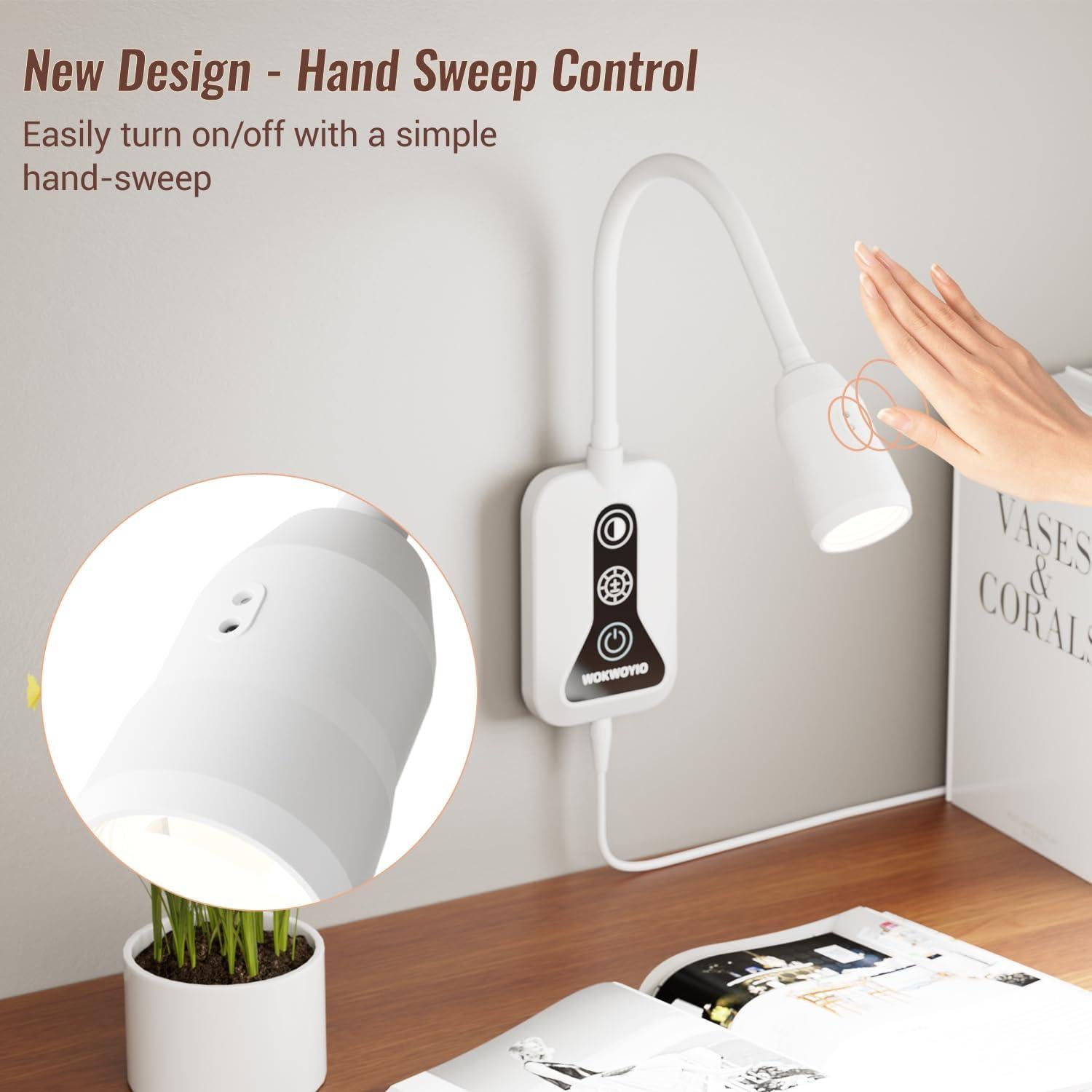 Luz de Lectura Montada en Pared WOKWOYIO con Sensor y USB-C