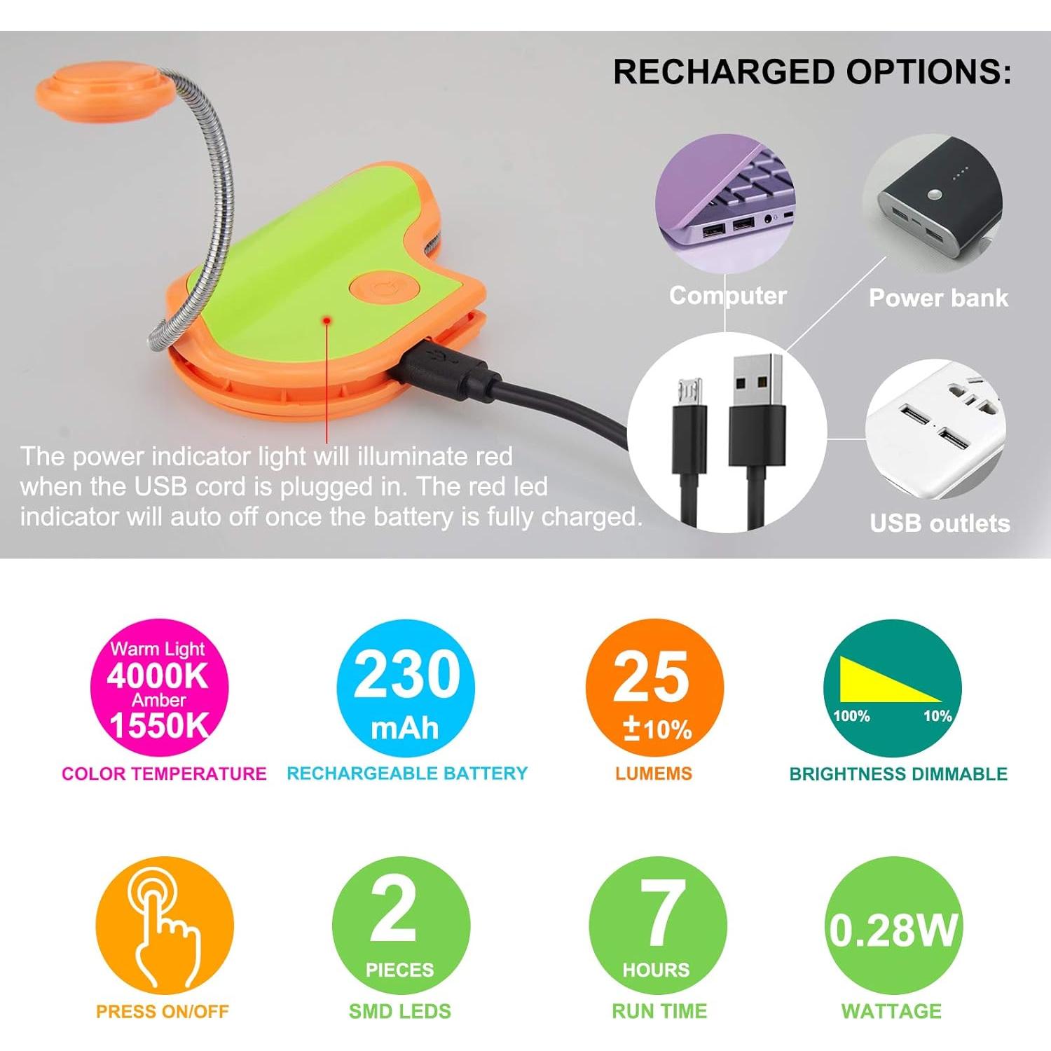 Luz de Lectura Recargable BIGMONAT LED Ámbar y Blanca