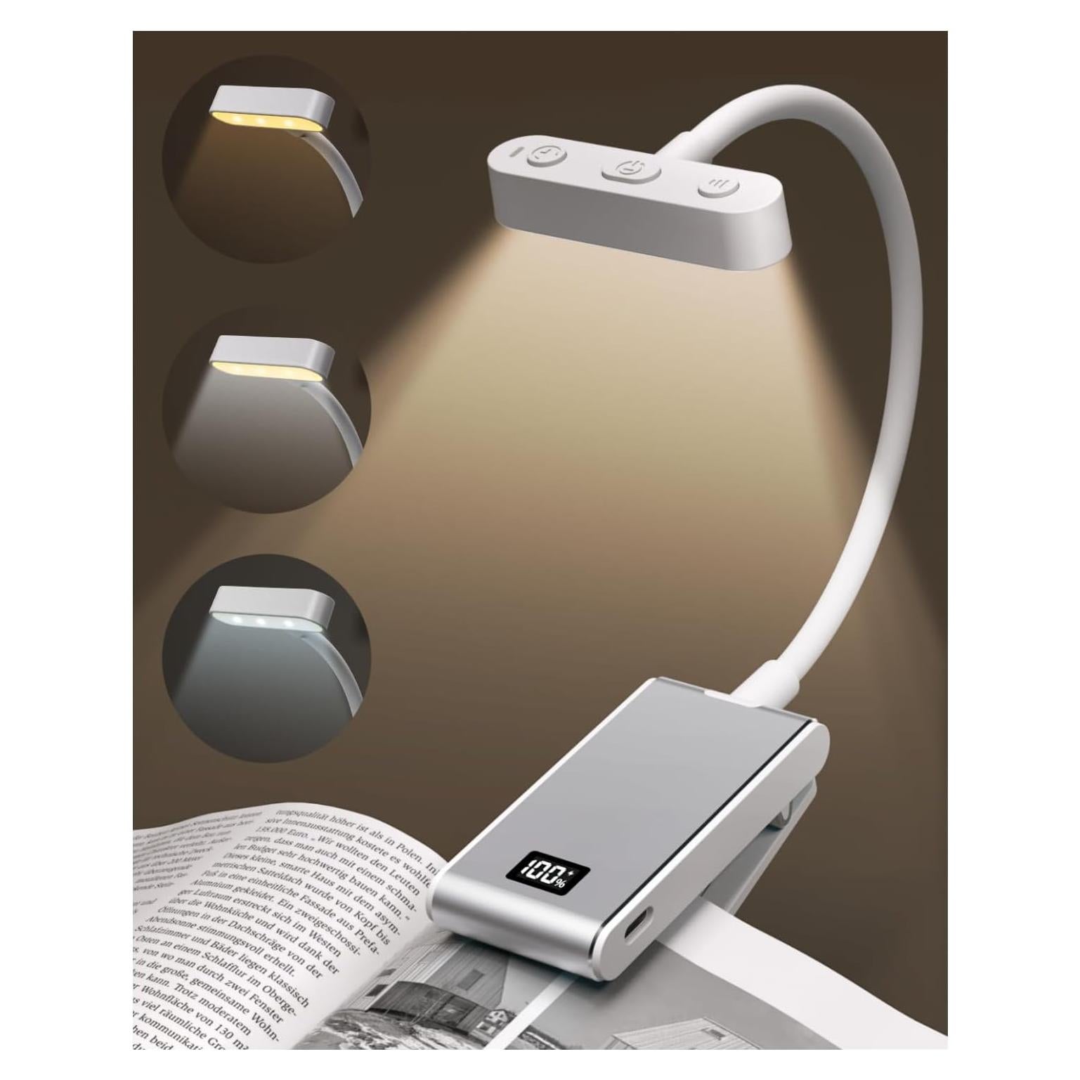 Luz de Libro LED Recargable COKWEL Plata 360° Ajustable