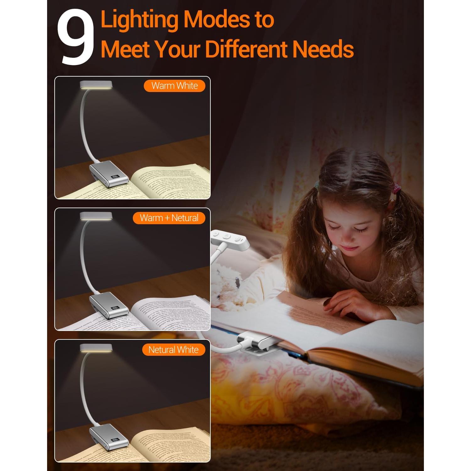 Luz de Libro LED Recargable COKWEL Plata 360° Ajustable