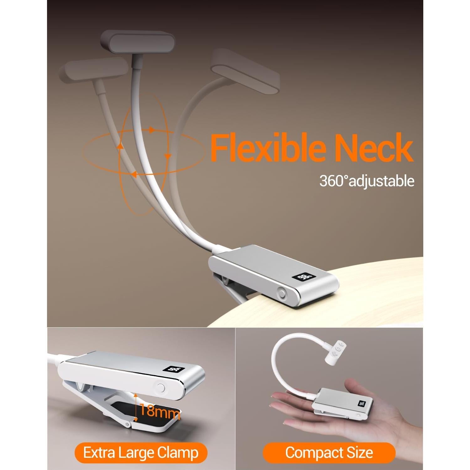 Luz de Libro LED Recargable COKWEL Plata 360° Ajustable