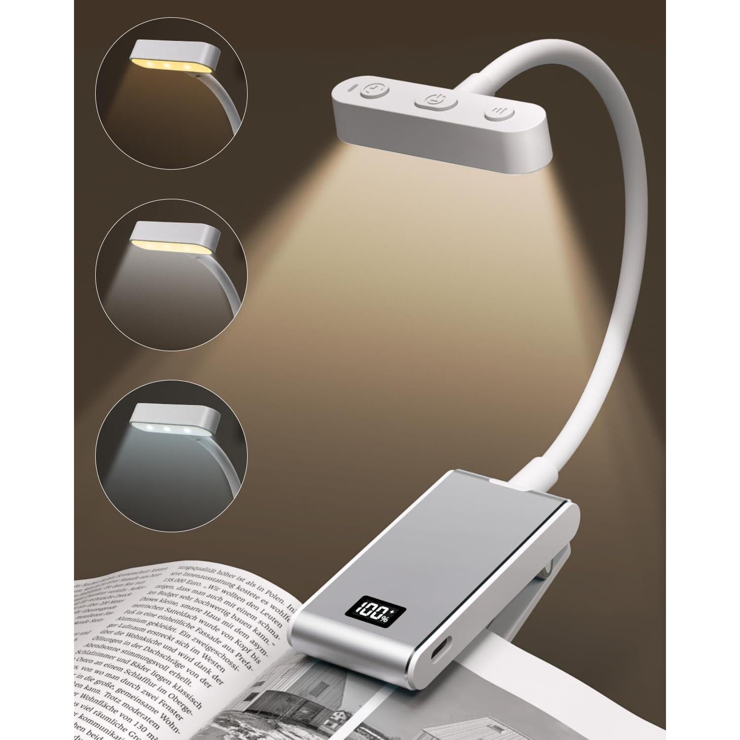 Luz de Libro LED Recargable COKWEL Plata 360° Ajustable