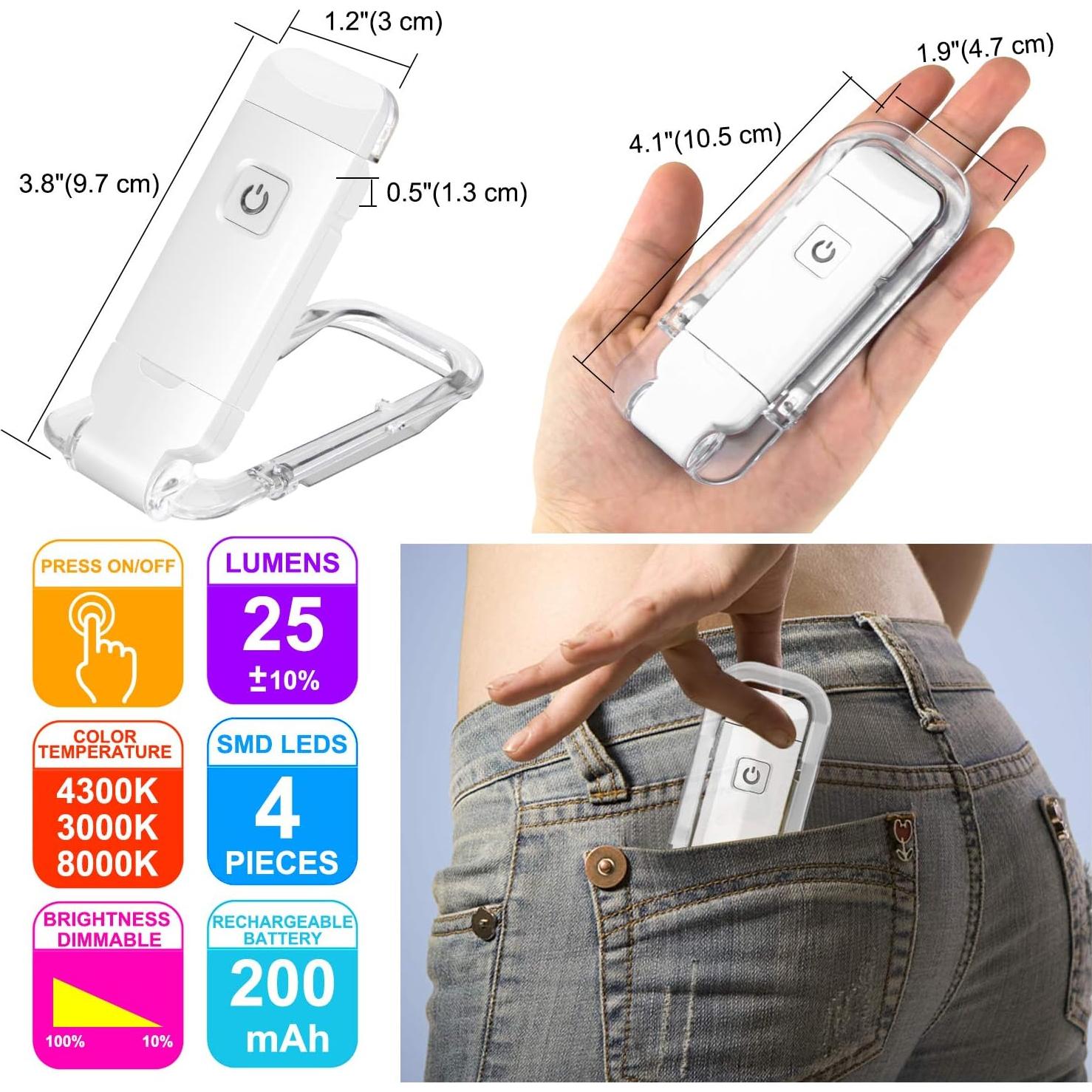 Luz de Libro LED Recargable HONWELL con Clip y 3 Brillos