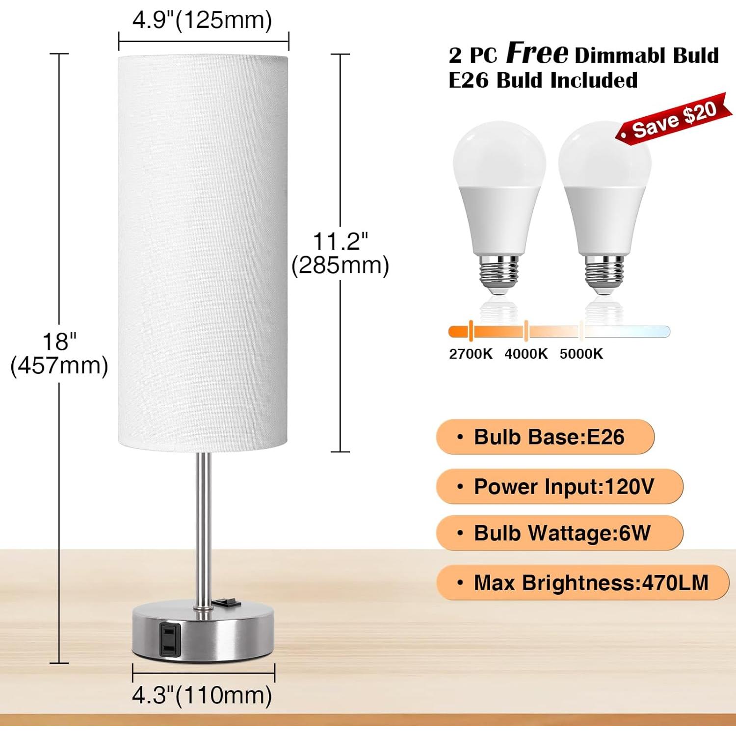Juego de 2 Lámparas de Mesa ZJOJO 45.72cm Regulables 3 Niveles