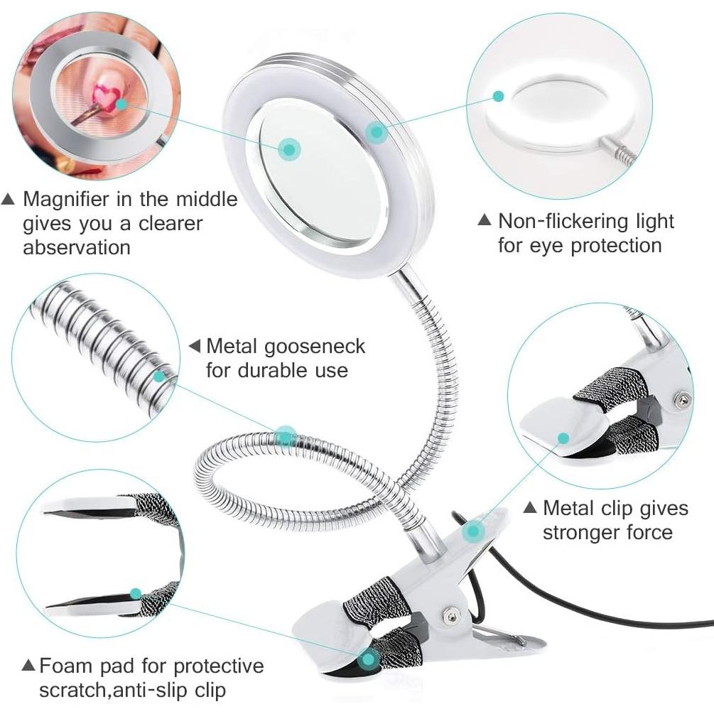 JimKing Magnifying Lamp, Tattoo Light Desk Lamp, LED Book Light with Clip, USB Bed Lamp for Reading, Tattoo, Make Up, Manicure