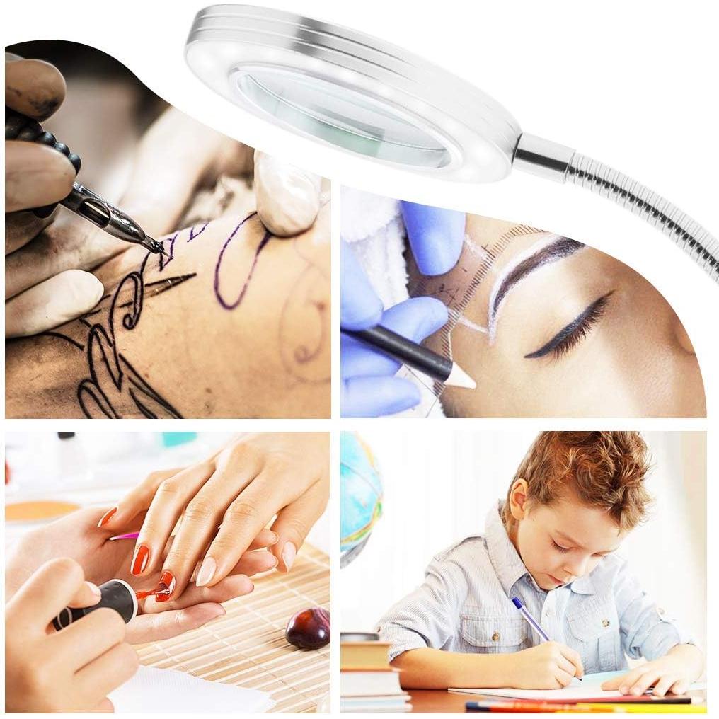 JimKing Magnifying Lamp, Tattoo Light Desk Lamp, LED Book Light with Clip, USB Bed Lamp for Reading, Tattoo, Make Up, Manicure