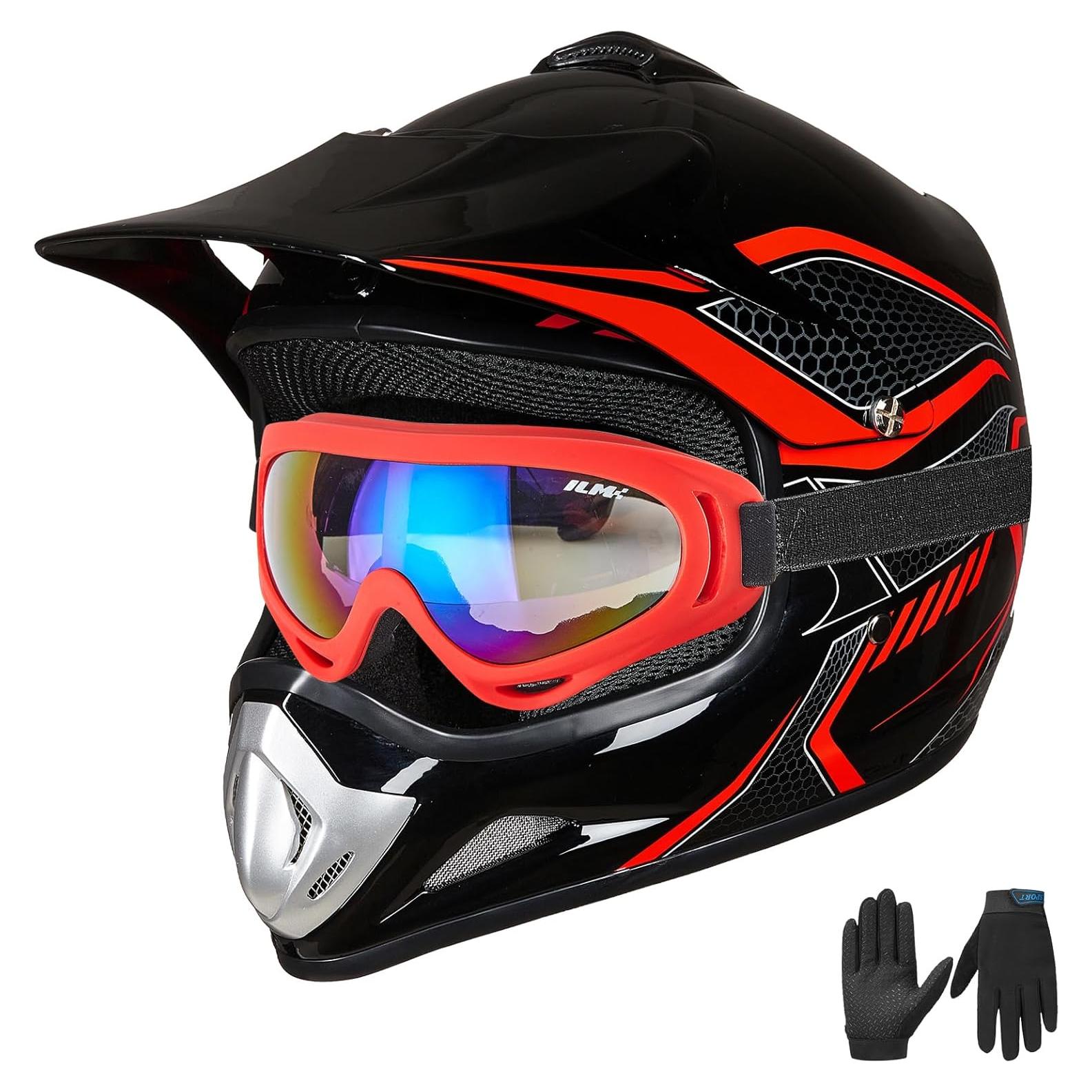 ILM Youth Kids Dirt Bike Helmet ATV Motocross DOT Off-Road Street Helmet Goggles Gloves Full Face Protective Helmet Model BLD-818