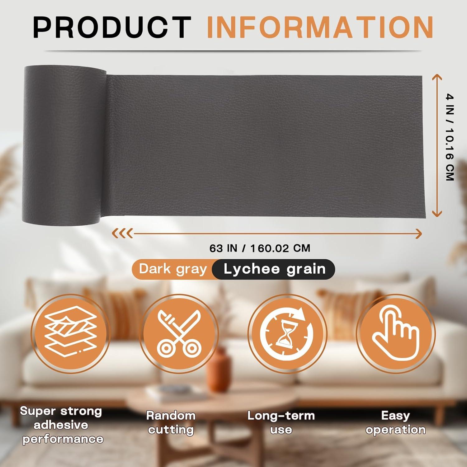 Fadoub Leather Repair Patch, 4 x 63In Self Adhesive Leather Repair Tape for Furniture, Vinyl Repair Tape for Repairing Vinyl, Couch, Sofa, Car Seats, Car Interior (Dark Gray)