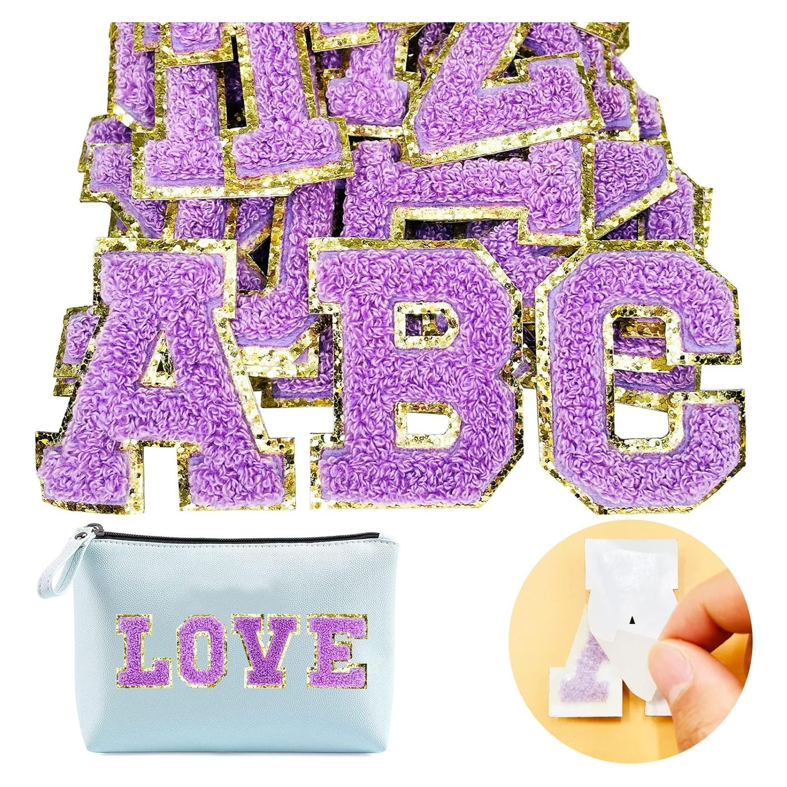 Parche de Letras Chenille Jongdari Autoadhesivas 52pcs Púrpura