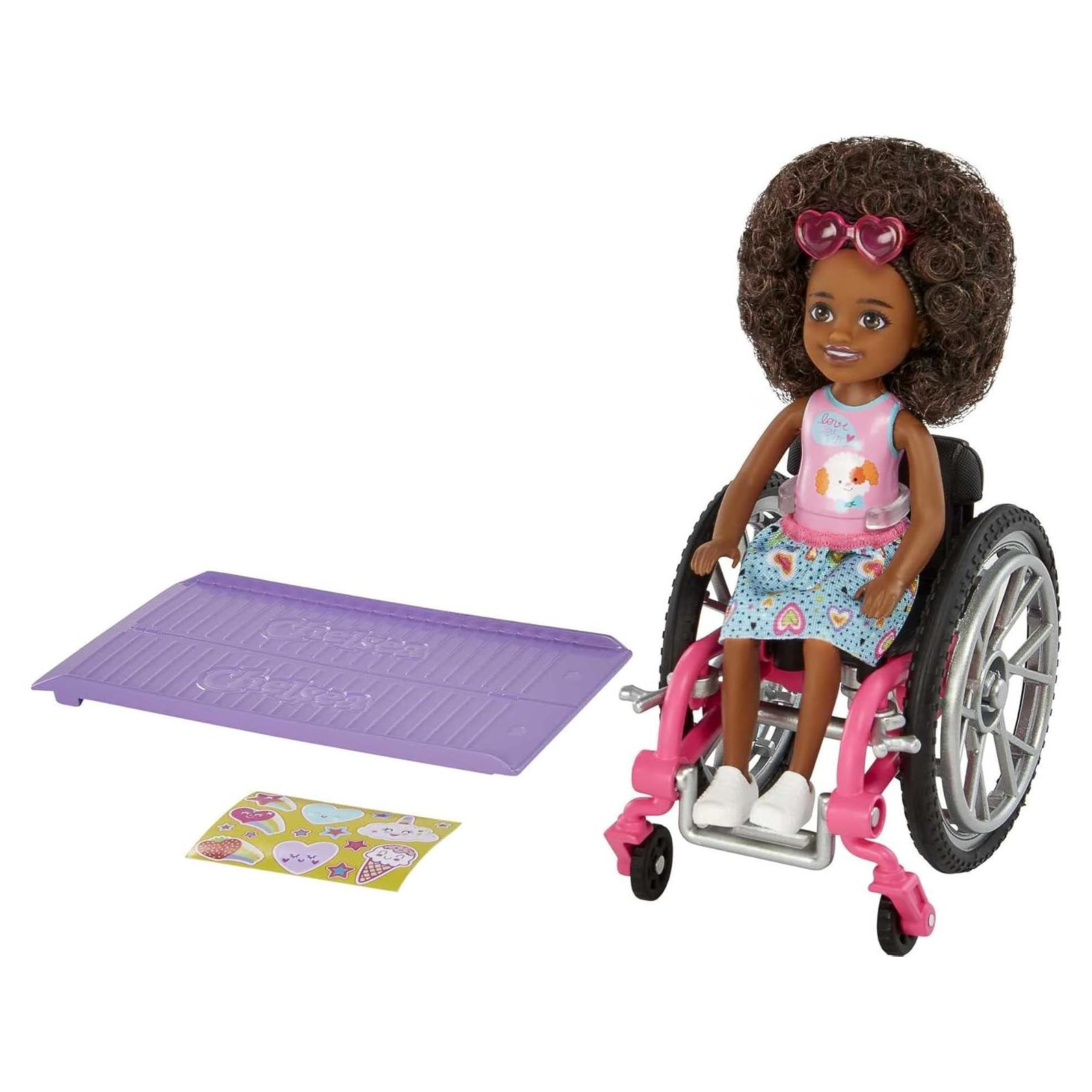 Barbie Chelsea Doll & Wheelchair with Moving Wheels, Ramp, Sticker Sheet & Accessories, Small Doll with Curly Brown Hair