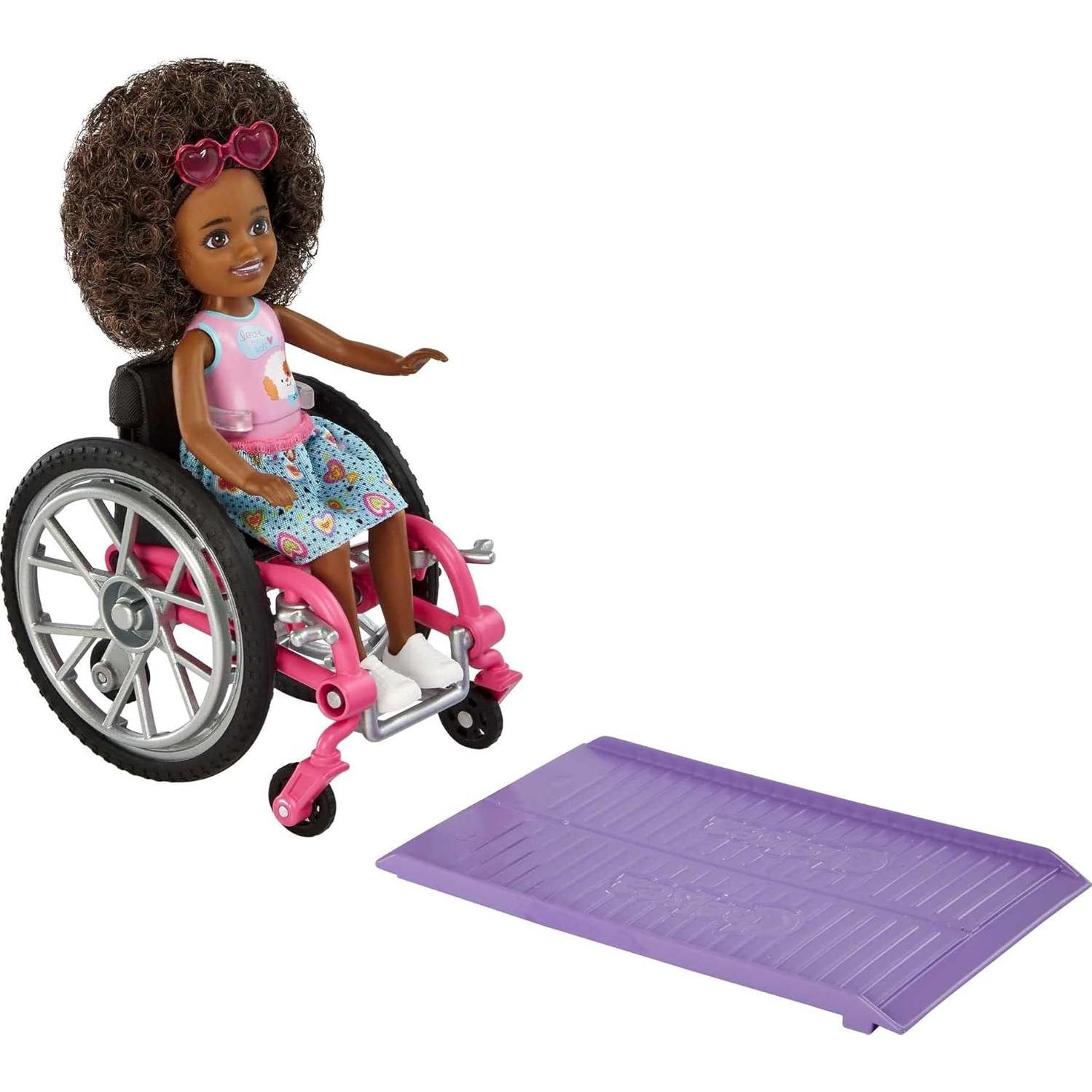 Barbie Chelsea Doll & Wheelchair with Moving Wheels, Ramp, Sticker Sheet & Accessories, Small Doll with Curly Brown Hair