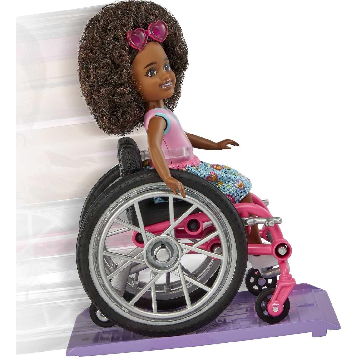 Barbie Chelsea Doll & Wheelchair with Moving Wheels, Ramp, Sticker Sheet & Accessories, Small Doll with Curly Brown Hair