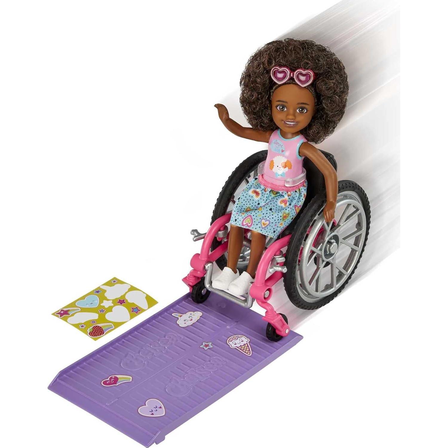 Barbie Chelsea Doll & Wheelchair with Moving Wheels, Ramp, Sticker Sheet & Accessories, Small Doll with Curly Brown Hair