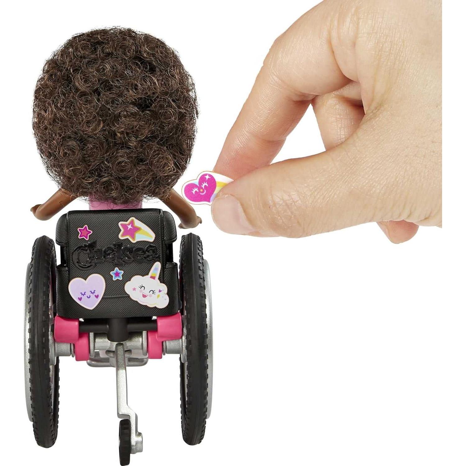 Barbie Chelsea Doll & Wheelchair with Moving Wheels, Ramp, Sticker Sheet & Accessories, Small Doll with Curly Brown Hair