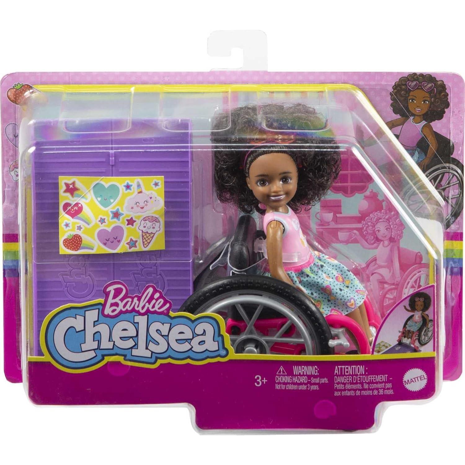 Barbie Chelsea Doll & Wheelchair with Moving Wheels, Ramp, Sticker Sheet & Accessories, Small Doll with Curly Brown Hair
