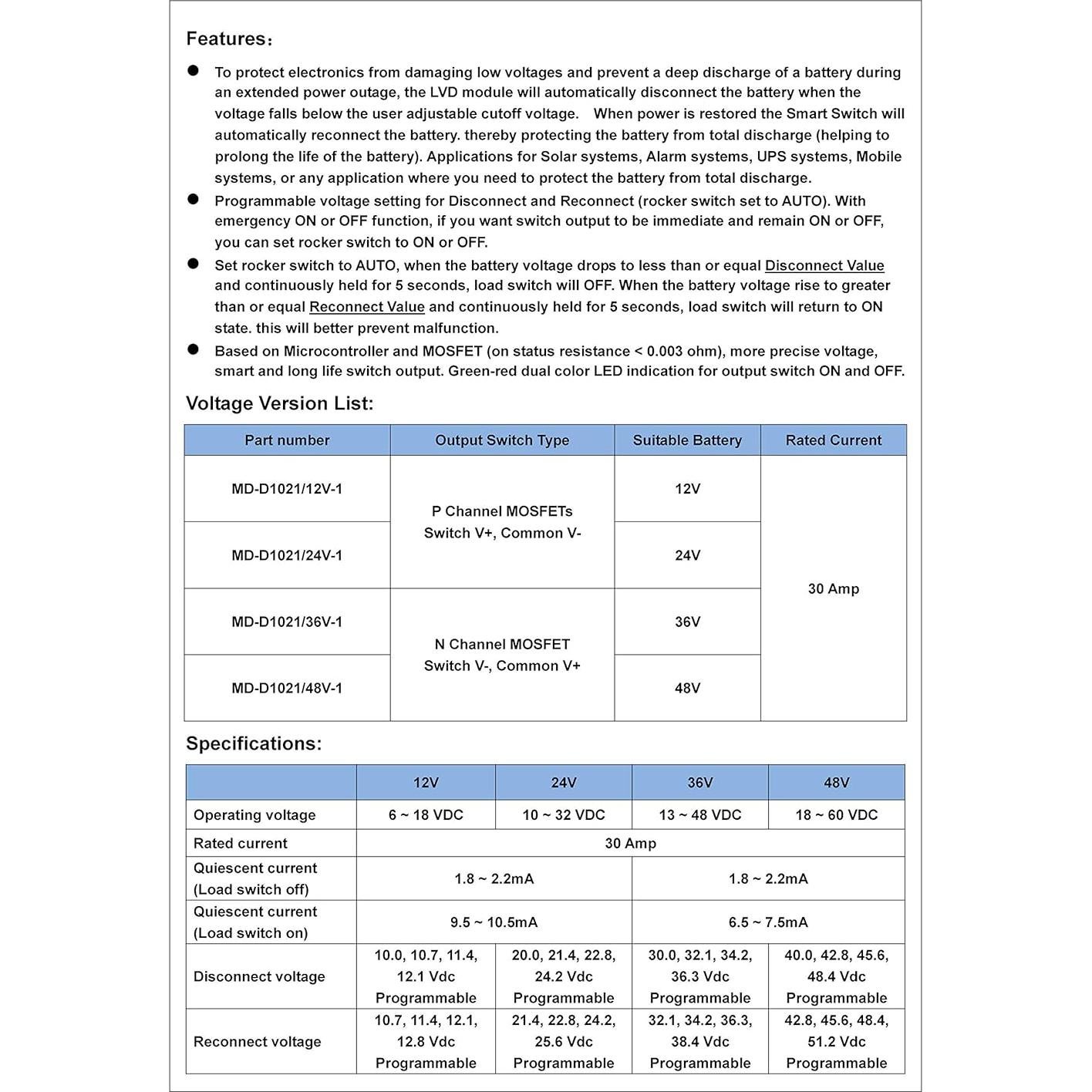 Módulo LVD 36V 30A Automático Interruptor Electrónico