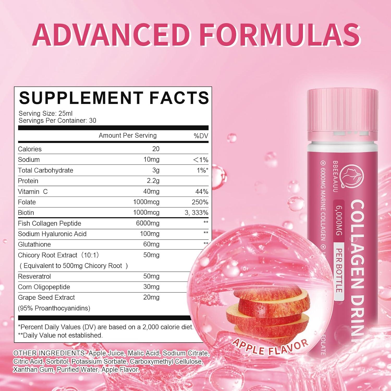 Suplemento de Colágeno Líquido BBEEAAUU 6000 mg Manzana 30 Unidades