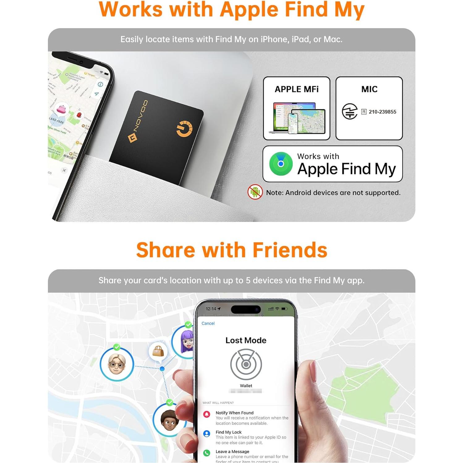 Rastreador Bluetooth NOVOO NFC1-207C para iOS, IP68, 6 Años