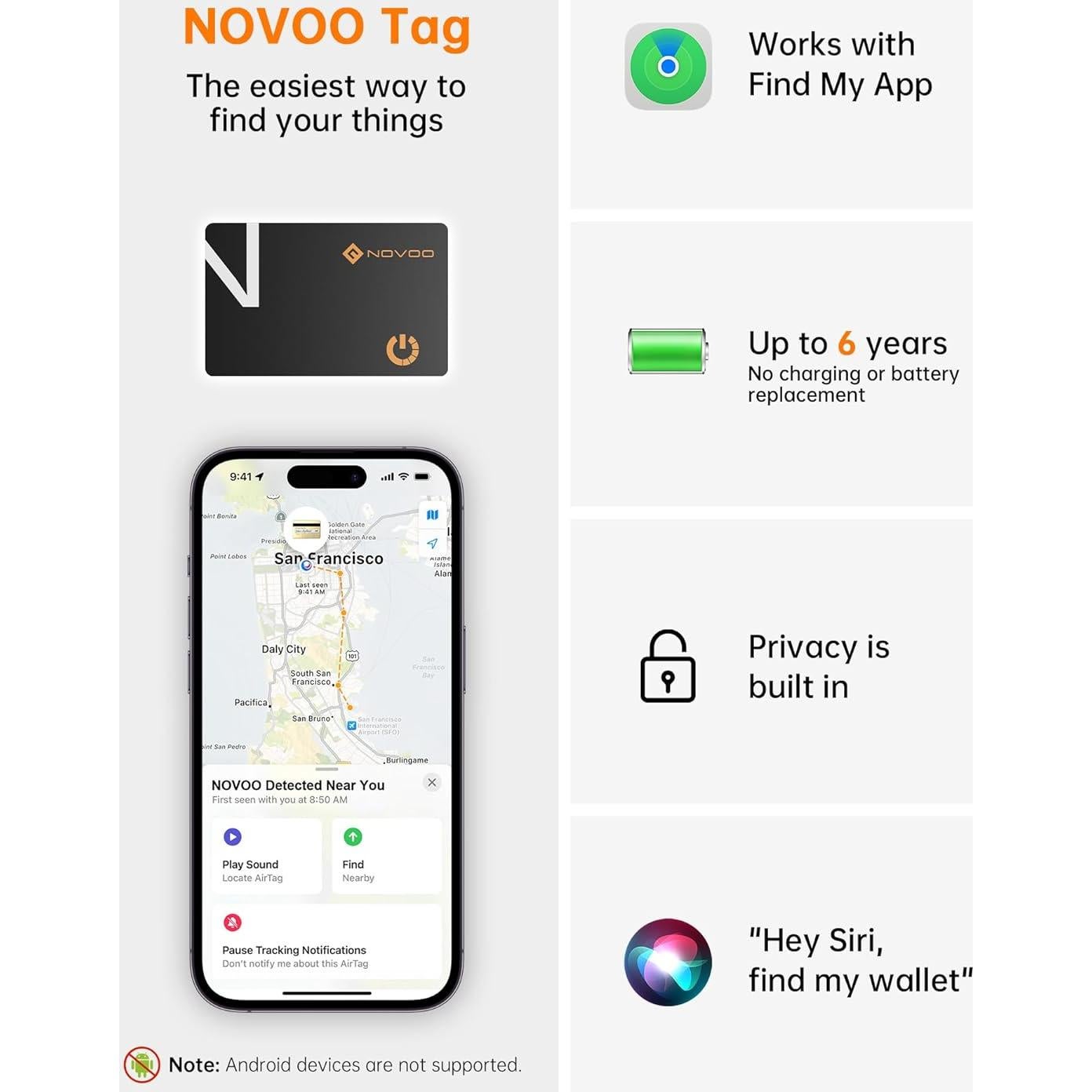 Rastreador Bluetooth NOVOO NFC1-207C para iOS, IP68, 6 Años