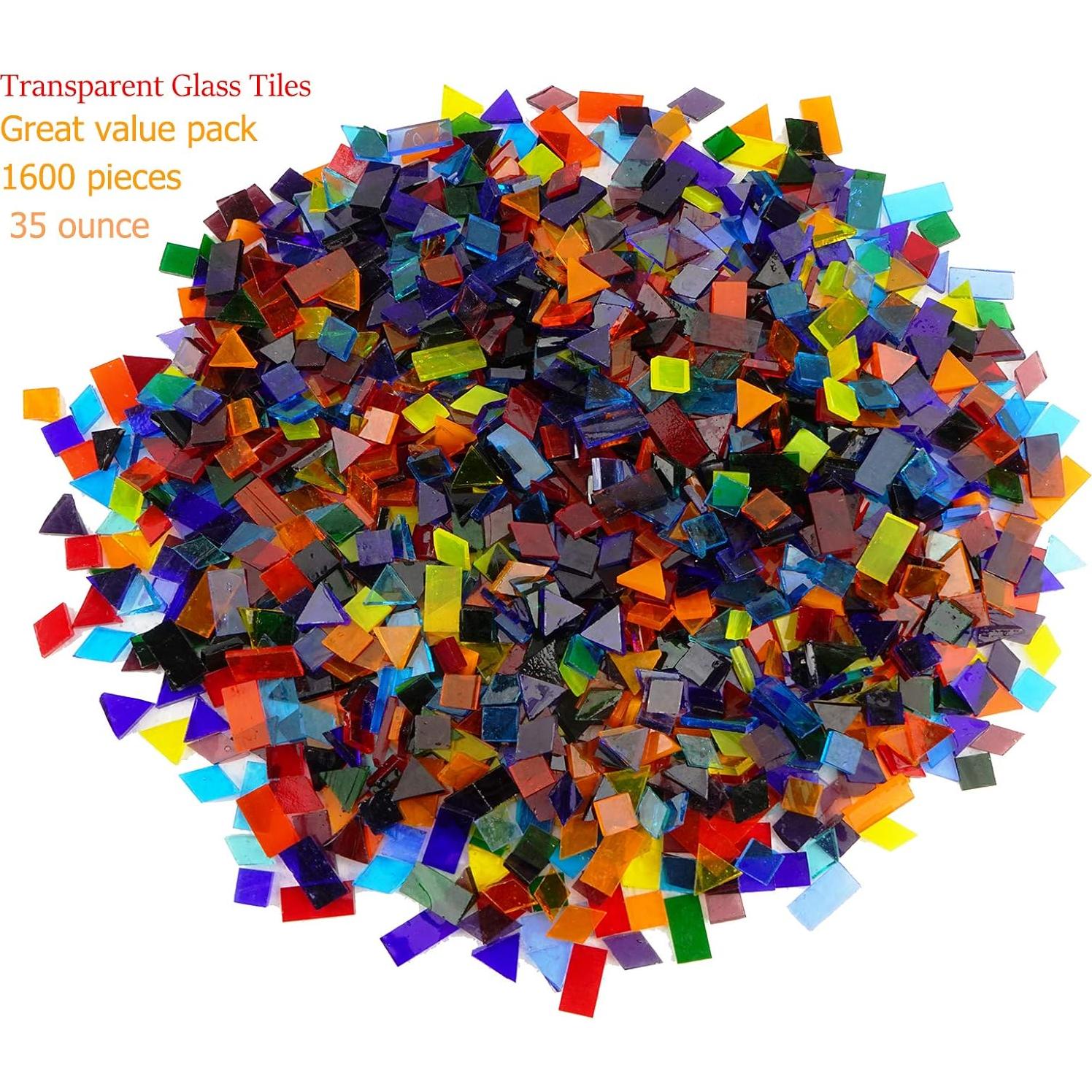 Lanyani 1600 Transparent Cathedral Glass Mosaic Tiles for Arts and Crafts - Mixed Color Stained Glass Pieces, 4 Shapes Mixed