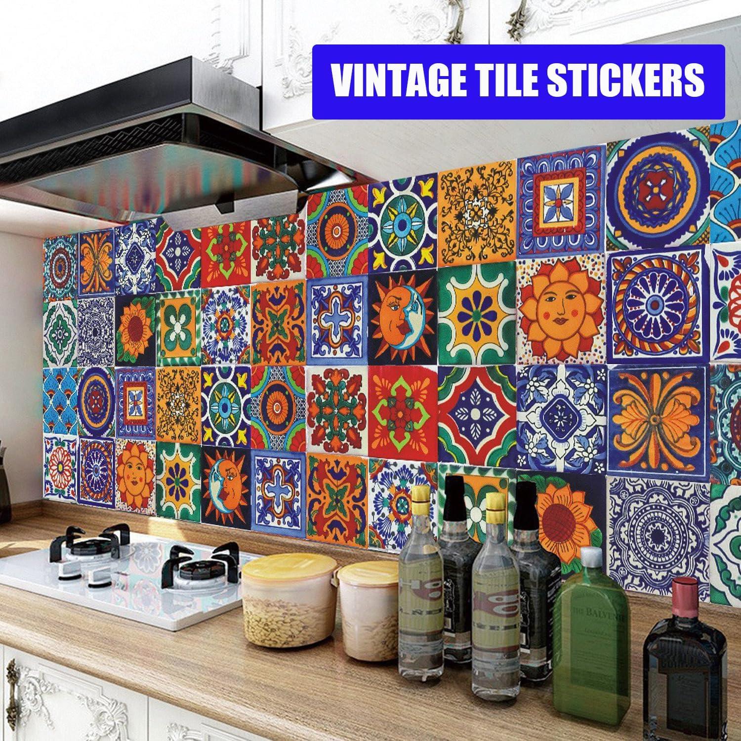 24Pcs Tile Stickers 5.9x5.9 Inch Bohemian Style Peel and Stick Tile Stickers Detachable DIY Wall Decals, Wallpaper for Kitchen Bathroom Backsplash Wall Furniture Staircase (6x6in)