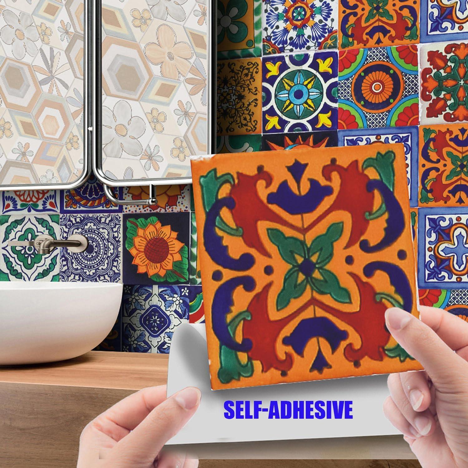 24Pcs Tile Stickers 5.9x5.9 Inch Bohemian Style Peel and Stick Tile Stickers Detachable DIY Wall Decals, Wallpaper for Kitchen Bathroom Backsplash Wall Furniture Staircase (6x6in)