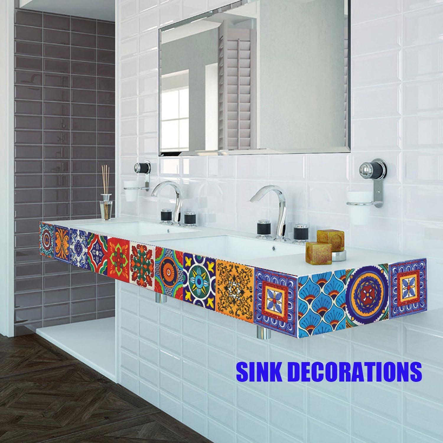 24Pcs Tile Stickers 5.9x5.9 Inch Bohemian Style Peel and Stick Tile Stickers Detachable DIY Wall Decals, Wallpaper for Kitchen Bathroom Backsplash Wall Furniture Staircase (6x6in)