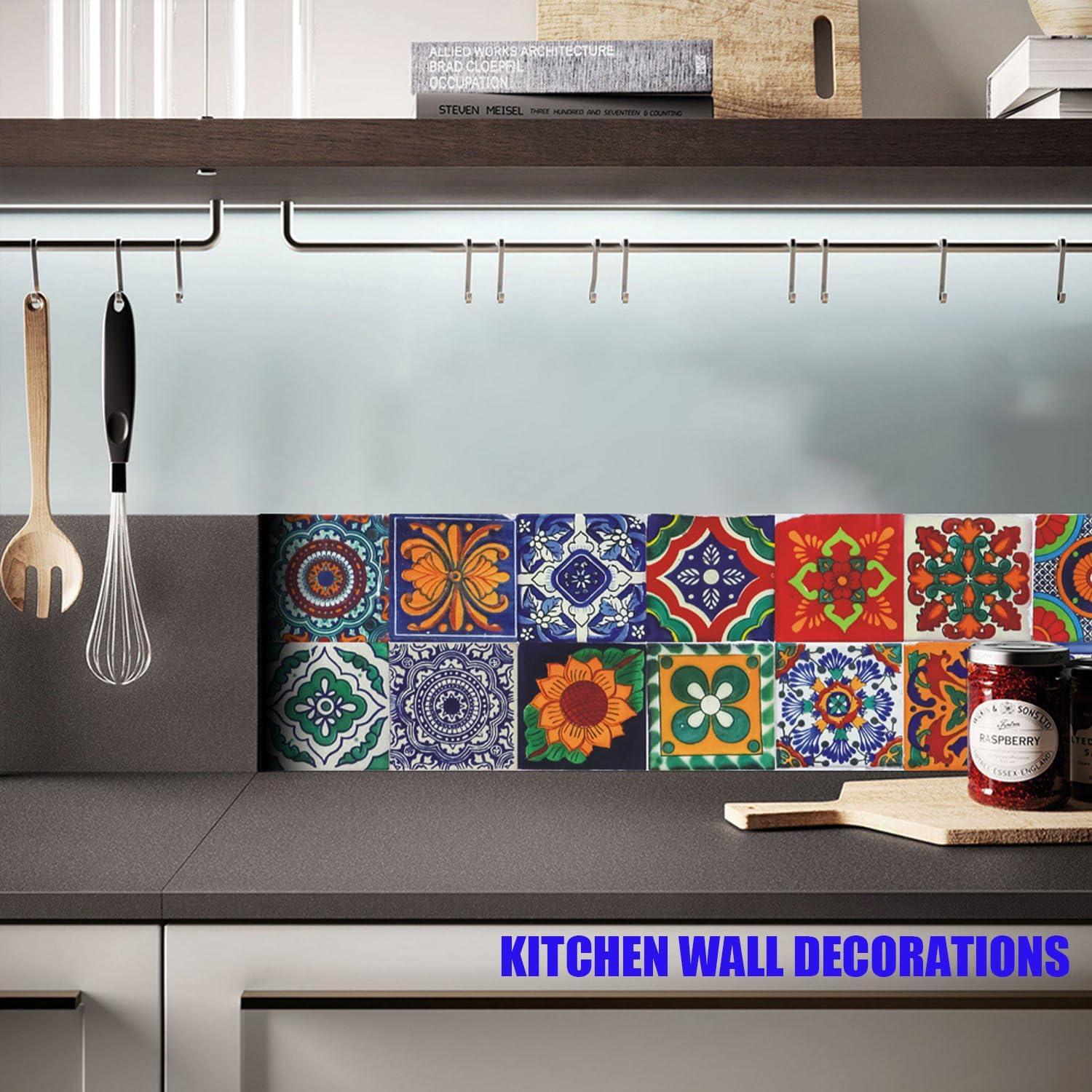24Pcs Tile Stickers 5.9x5.9 Inch Bohemian Style Peel and Stick Tile Stickers Detachable DIY Wall Decals, Wallpaper for Kitchen Bathroom Backsplash Wall Furniture Staircase (6x6in)
