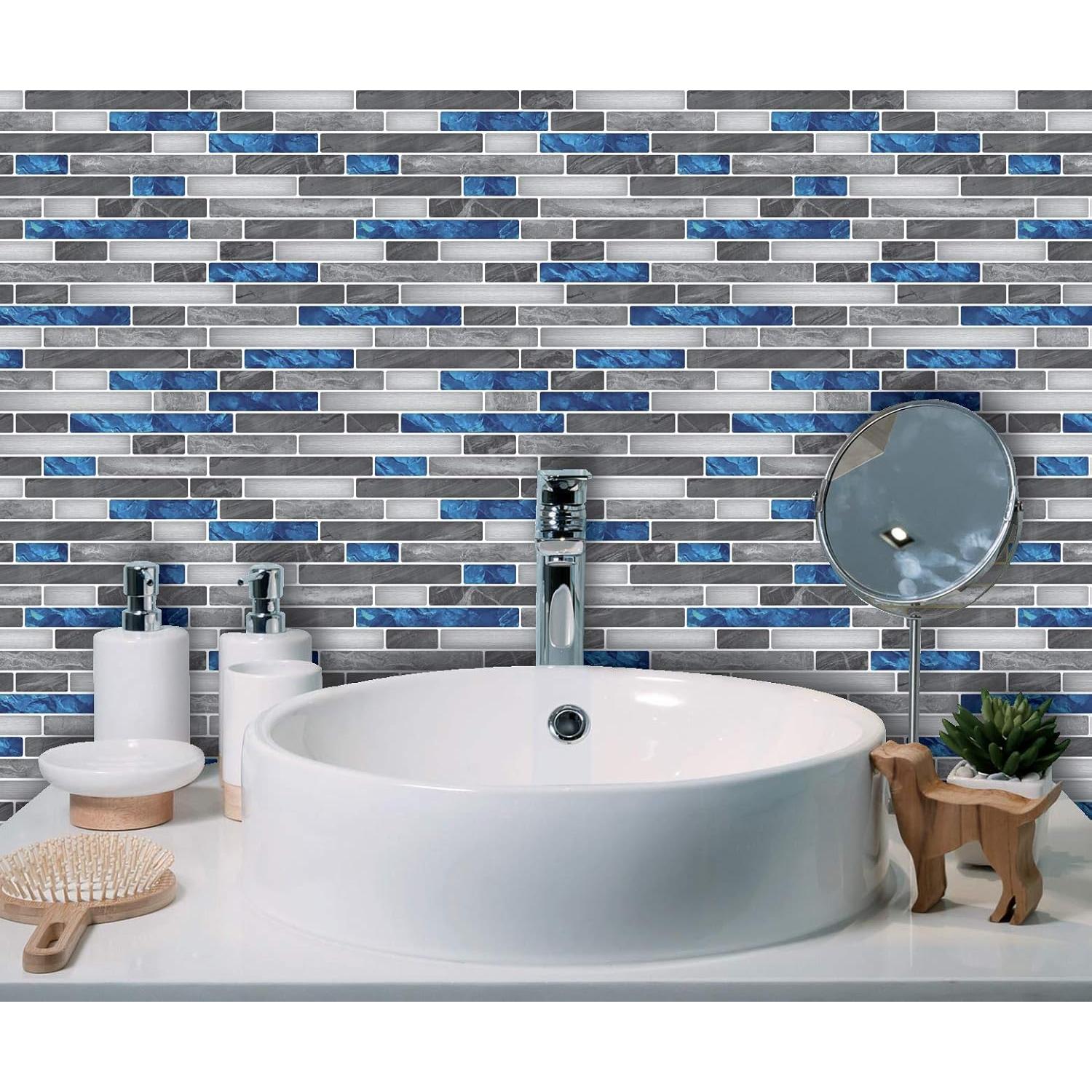 Art3d Peel and Stick Brick Kitchen Backsplash Self-Adhesive Wall Tile Stone Design, 10 Sheets 30x30cm Blue Marble