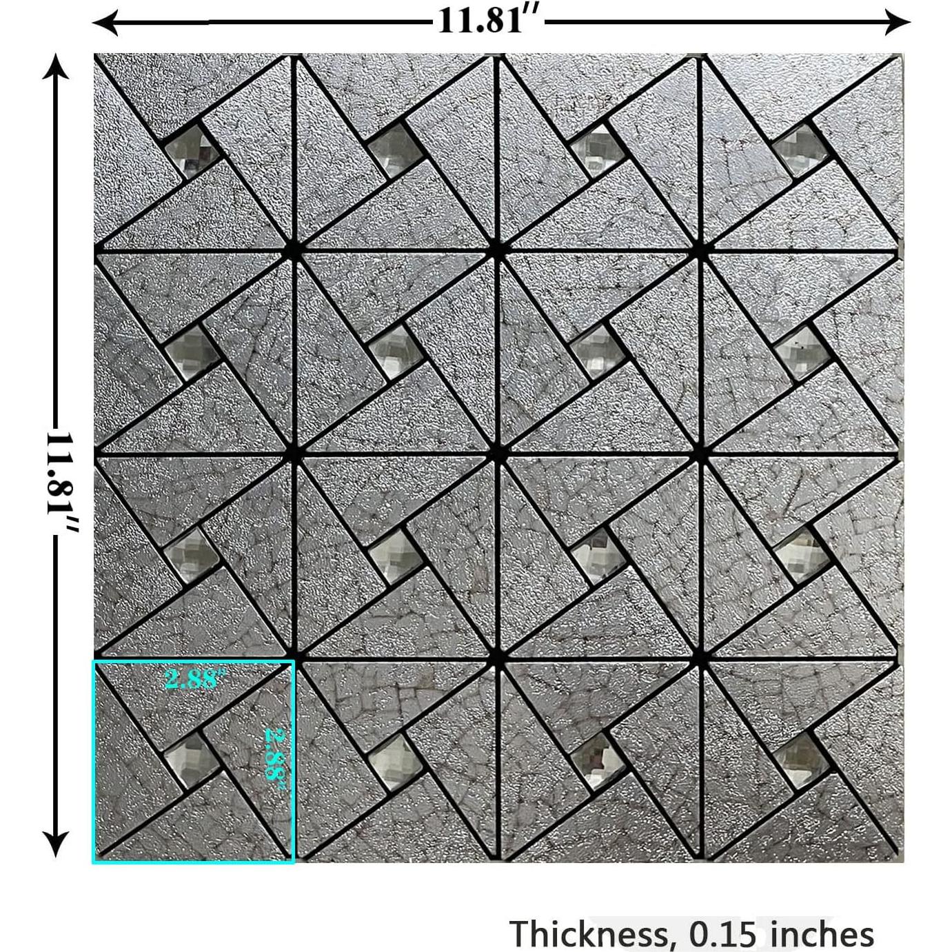 XUANINY 10-Sheet Peel and Stick Backsplash Tile,Windmill Plus Glass Self-Adhesive Sticker Metal Aluminum Mosaic Tiles for Kitchen Decor ，Fireplace Bathroom, Bedroom (10 Sheets, Silver Print)