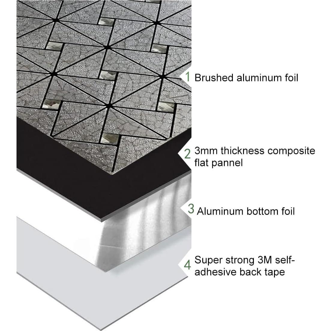 XUANINY 10-Sheet Peel and Stick Backsplash Tile,Windmill Plus Glass Self-Adhesive Sticker Metal Aluminum Mosaic Tiles for Kitchen Decor ，Fireplace Bathroom, Bedroom (10 Sheets, Silver Print)