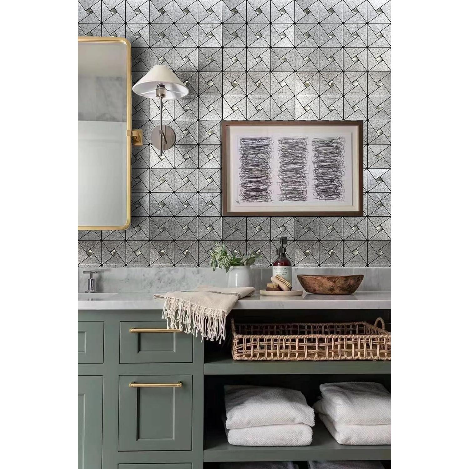 XUANINY 10-Sheet Peel and Stick Backsplash Tile,Windmill Plus Glass Self-Adhesive Sticker Metal Aluminum Mosaic Tiles for Kitchen Decor ，Fireplace Bathroom, Bedroom (10 Sheets, Silver Print)