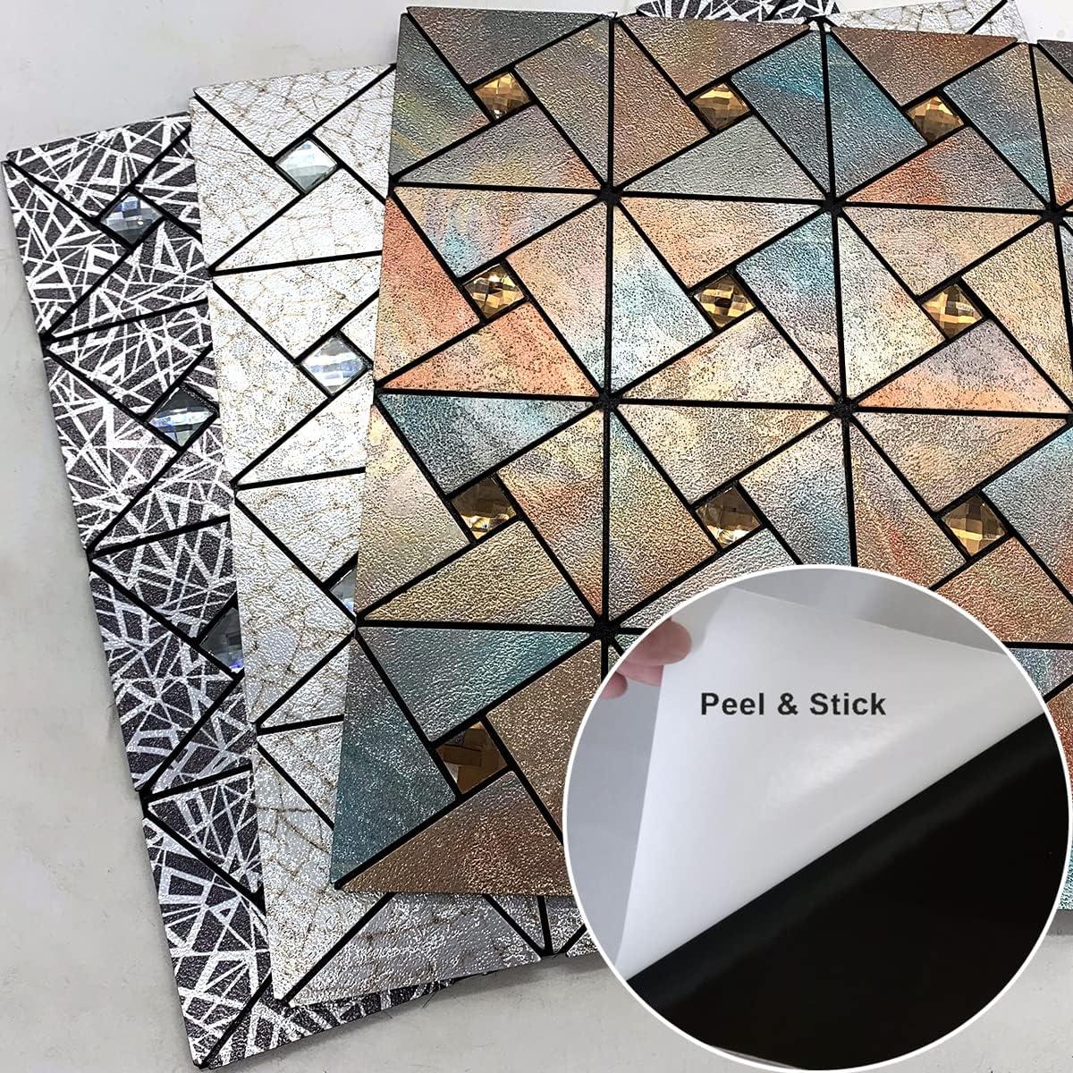 XUANINY 10-Sheet Peel and Stick Backsplash Tile,Windmill Plus Glass Self-Adhesive Sticker Metal Aluminum Mosaic Tiles for Kitchen Decor ，Fireplace Bathroom, Bedroom (10 Sheets, Silver Print)