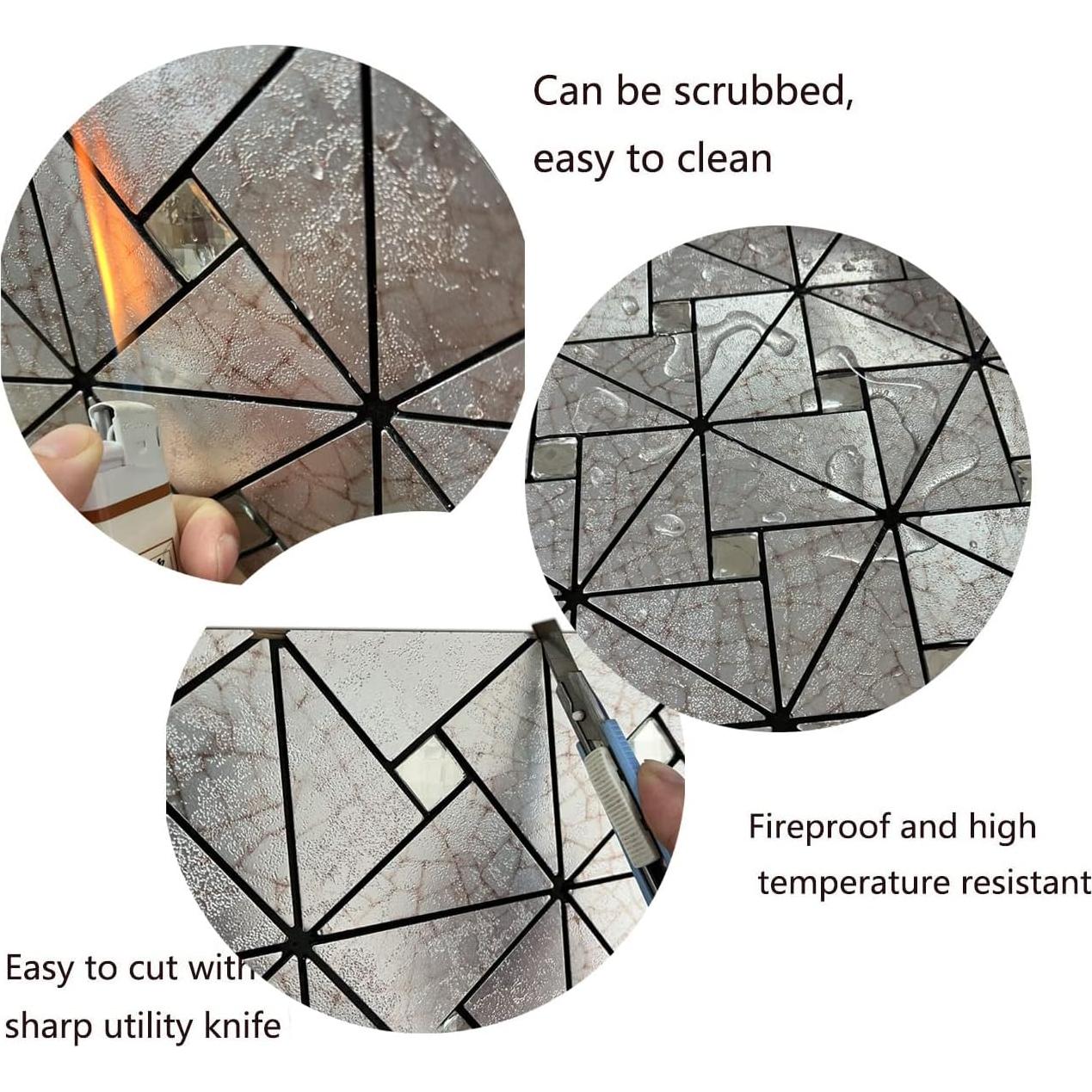 XUANINY 10-Sheet Peel and Stick Backsplash Tile,Windmill Plus Glass Self-Adhesive Sticker Metal Aluminum Mosaic Tiles for Kitchen Decor ，Fireplace Bathroom, Bedroom (10 Sheets, Silver Print)