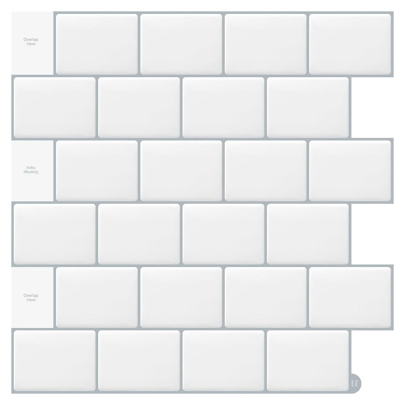 White Peel and Stick Subway Tile Backsplash Self Adhesive Brick Sticky Stickers for Kitchen Bathroom Wall, (10-Sheet,12"×12")