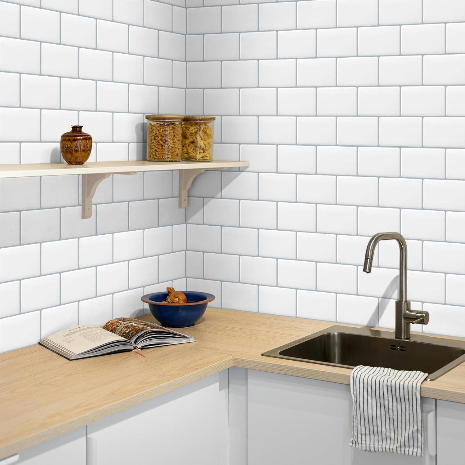 White Peel and Stick Subway Tile Backsplash Self Adhesive Brick Sticky Stickers for Kitchen Bathroom Wall, (10-Sheet,12"×12")