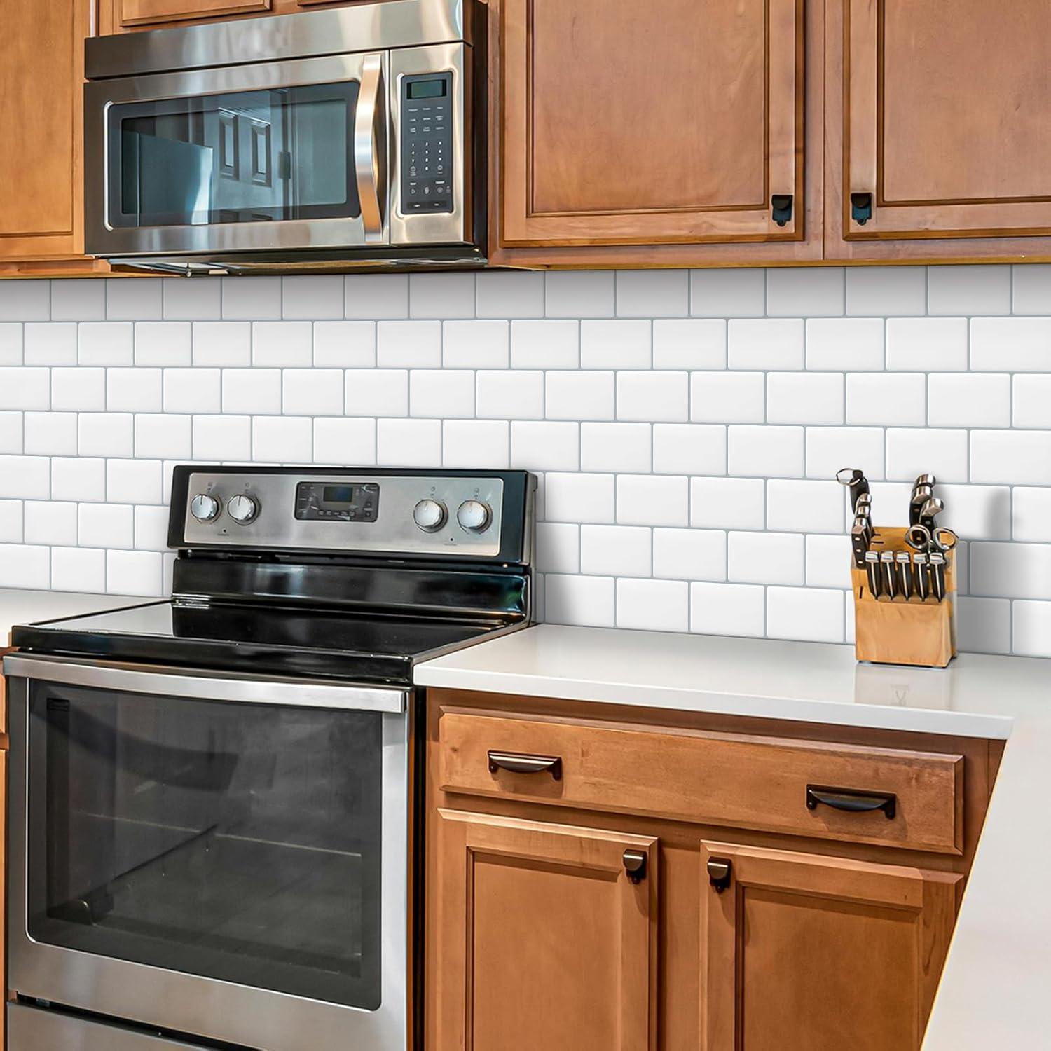 White Peel and Stick Subway Tile Backsplash Self Adhesive Brick Sticky Stickers for Kitchen Bathroom Wall, (10-Sheet,12"×12")