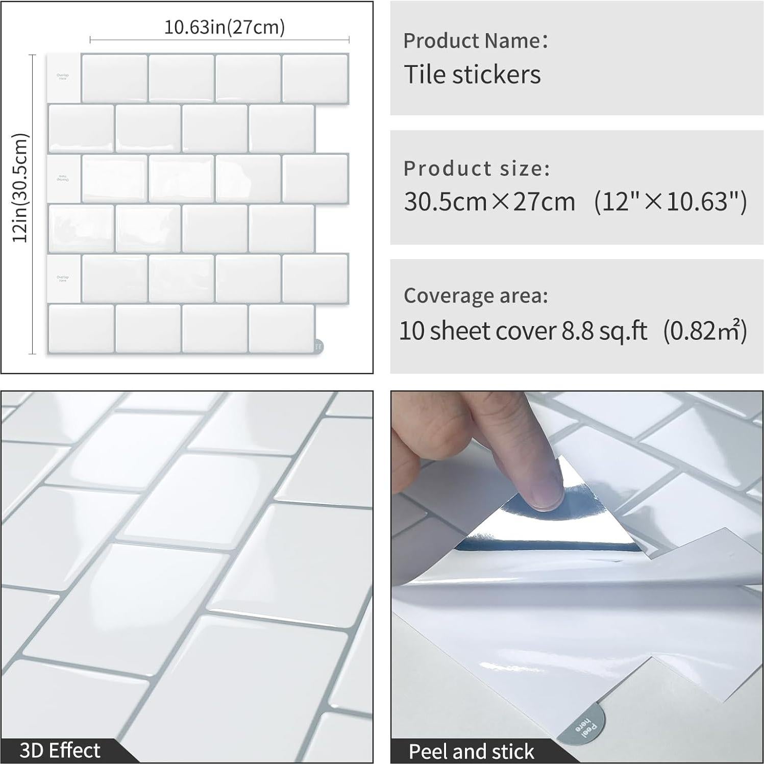 White Peel and Stick Subway Tile Backsplash Self Adhesive Brick Sticky Stickers for Kitchen Bathroom Wall, (10-Sheet,12"×12")