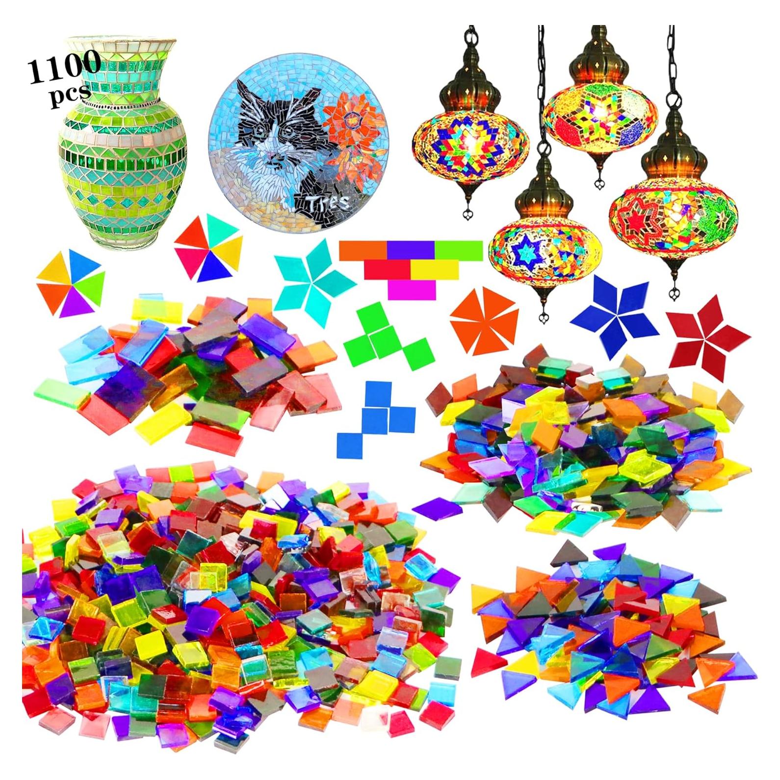 1100 Pcs Mosaic Tiles, Glass Mosaic Tiles for Crafts Bulk, Stained Mosaic Glass Pieces, Mosaic Supplies for Home Decoration, Art Crafts, DIY Projects, Transparent (Mixed Shape)